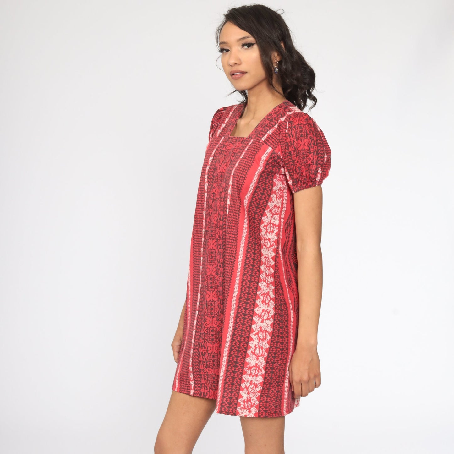 80s Red Geometric Tribal Puff Sleeve Mini Dress Shift Cut Small