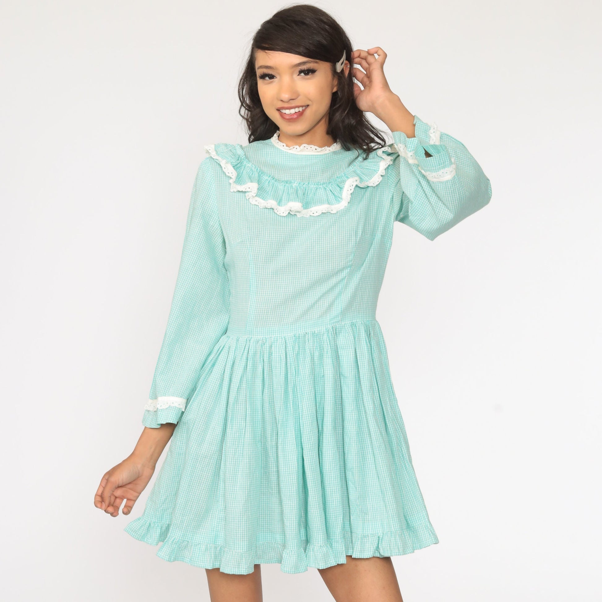 1960s Gingham Mini Dress Bell Sleeve Eyelet Lace Bluish Green Small