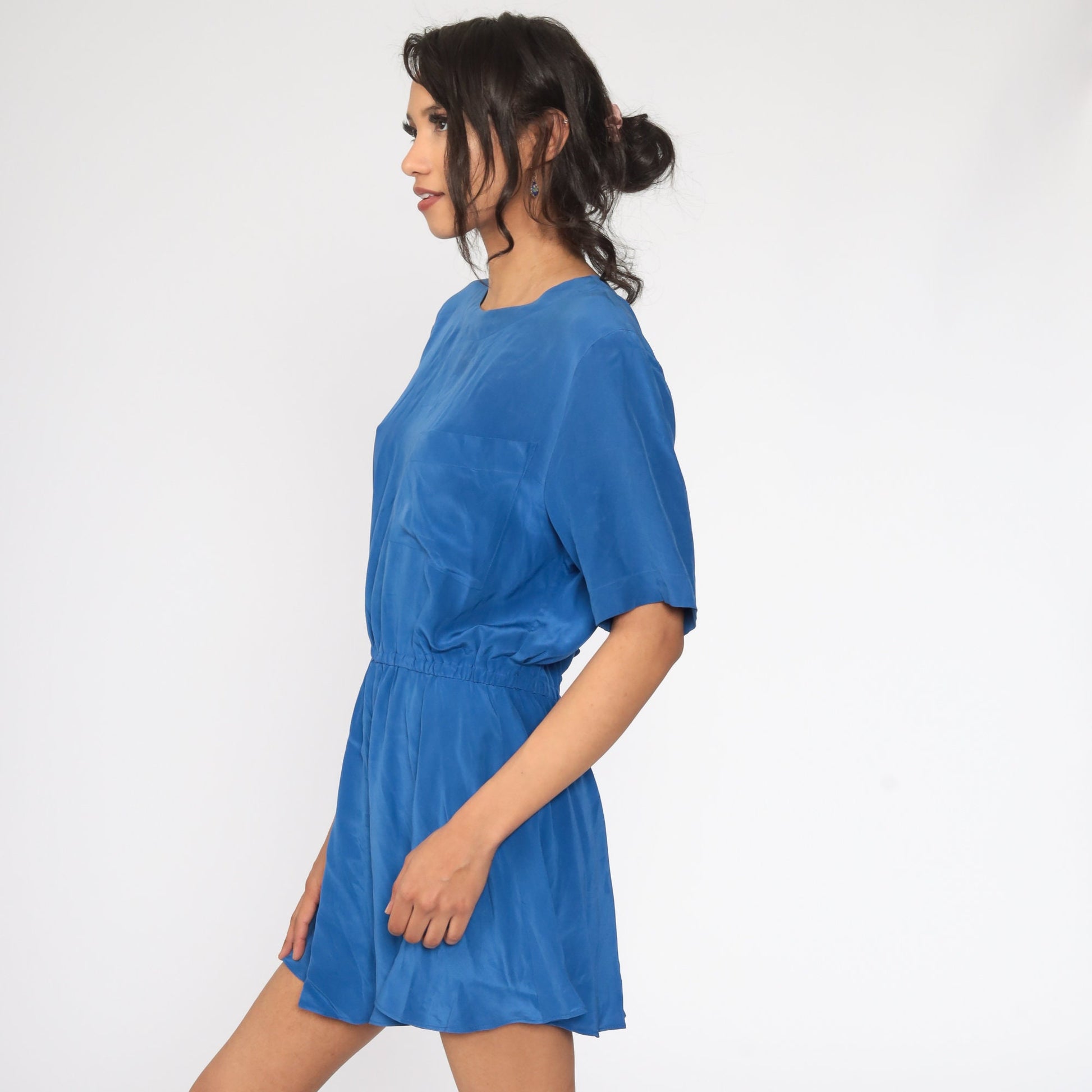 80s Blue Silk Mini Dress High Waist Button Back Short Sleeve Medium