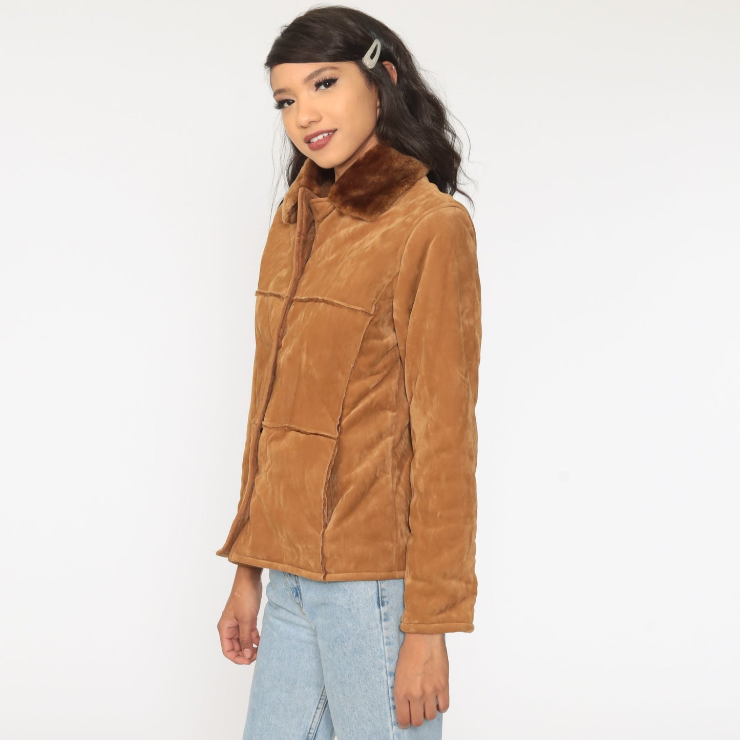 00s Brown Velour Jacket Faux Fur Trim Y2K Short Coat Medium