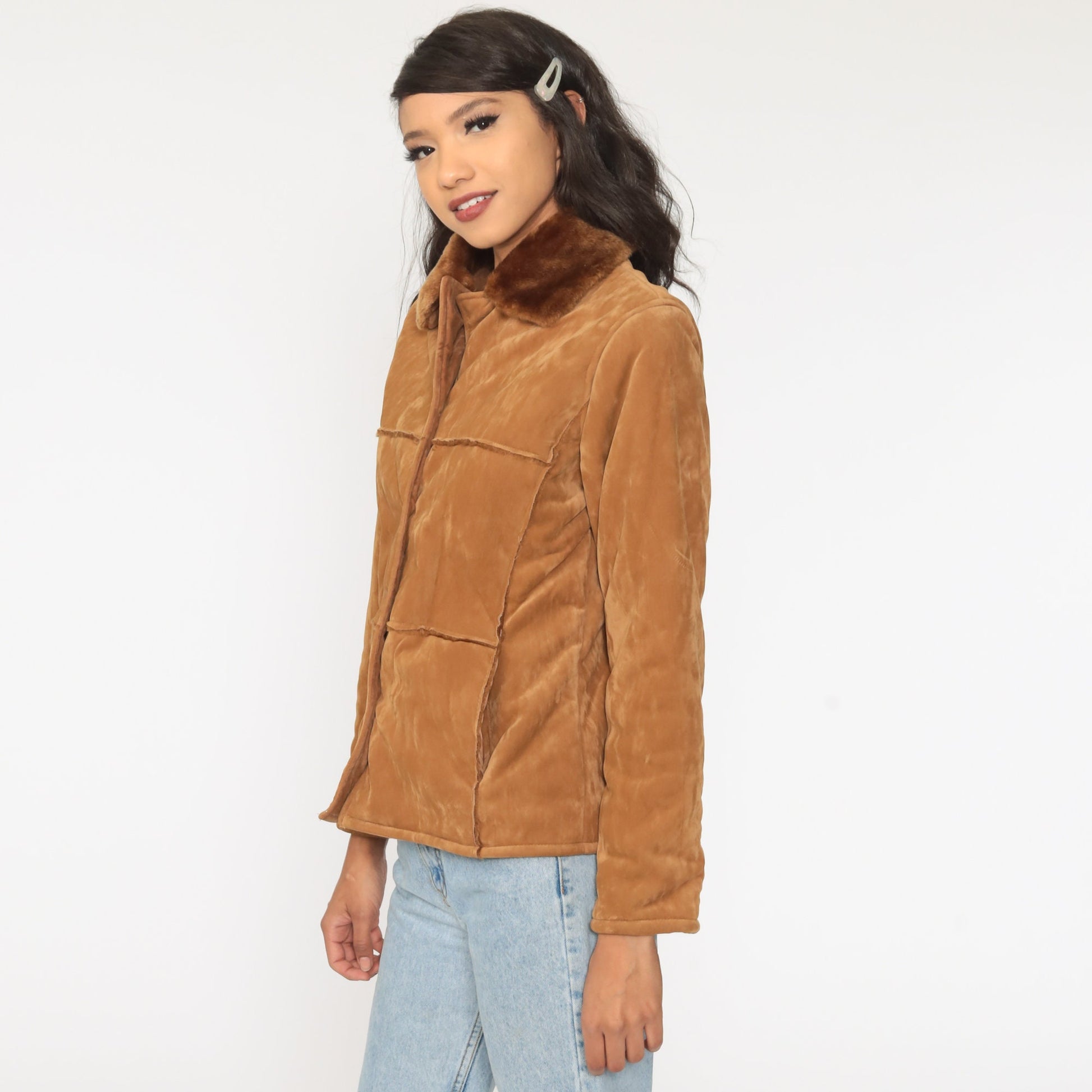 00s Brown Velour Jacket Faux Fur Trim Y2K Short Coat Medium