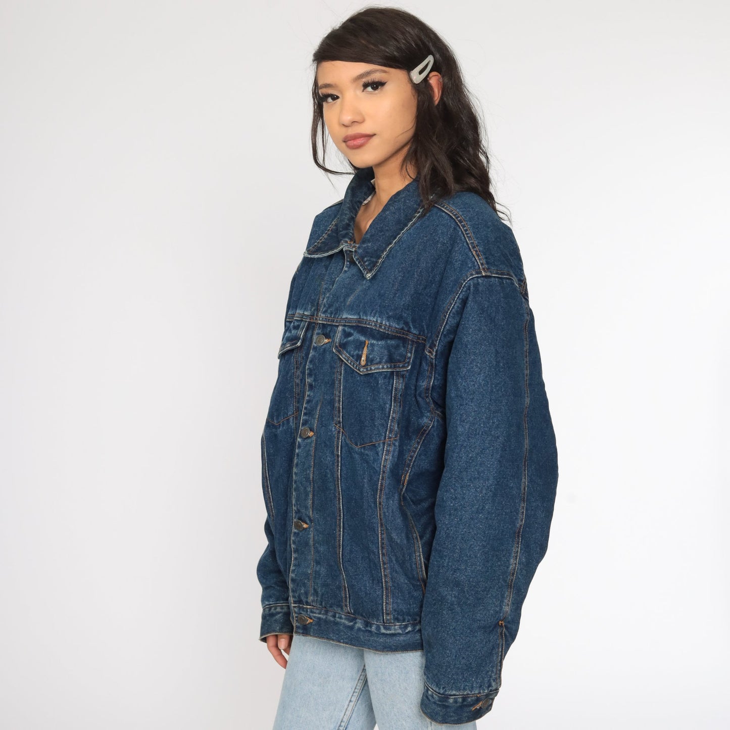 80s Blue Denim Jacket Sherpa Lining Jean Coat Extra Large XL