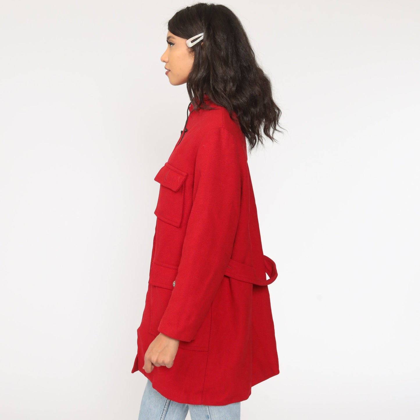 80s Red Wool Hooded Coat Zip Jacket Faux Fur Lining Extra Large XL
