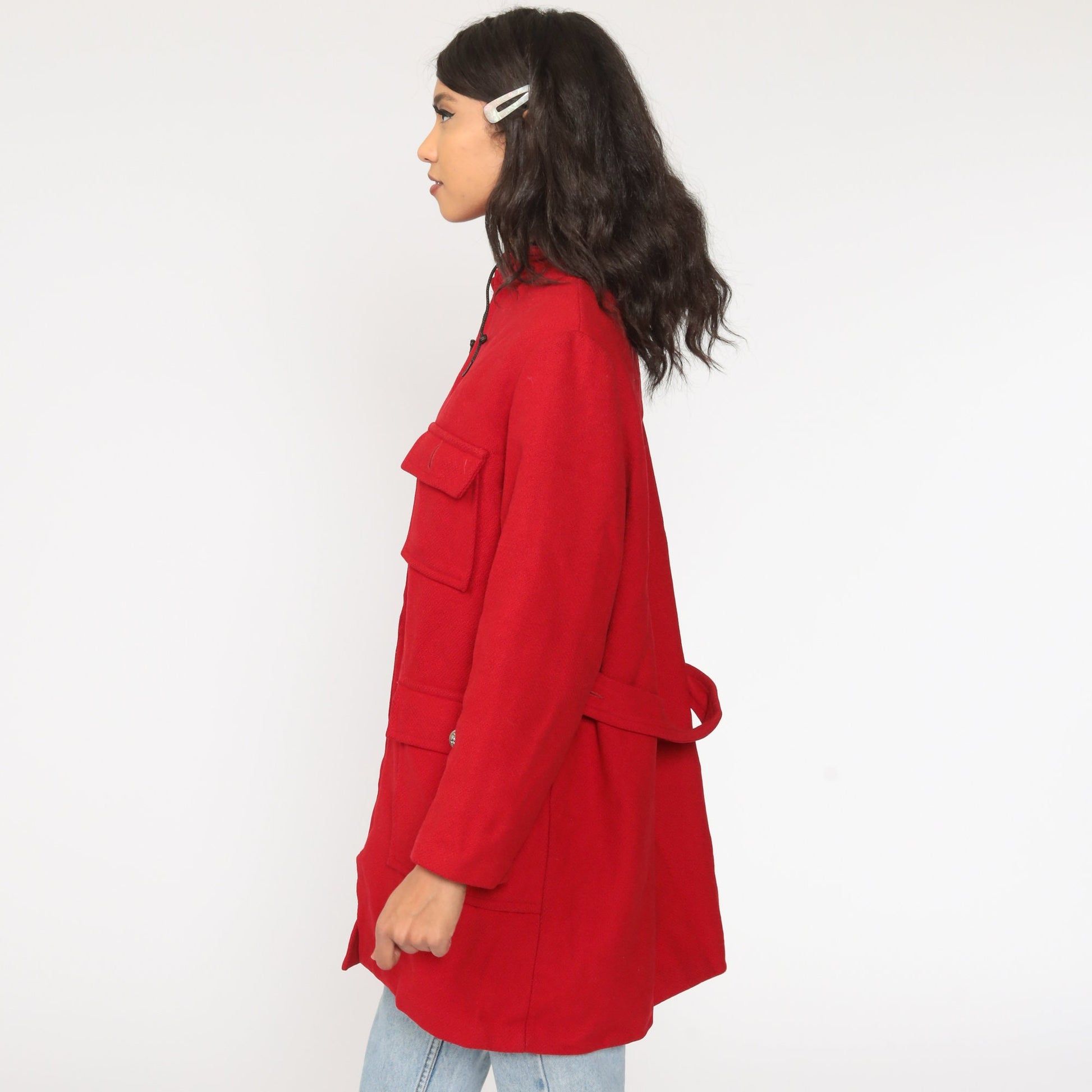 80s Red Wool Hooded Coat Zip Jacket Faux Fur Lining Extra Large XL