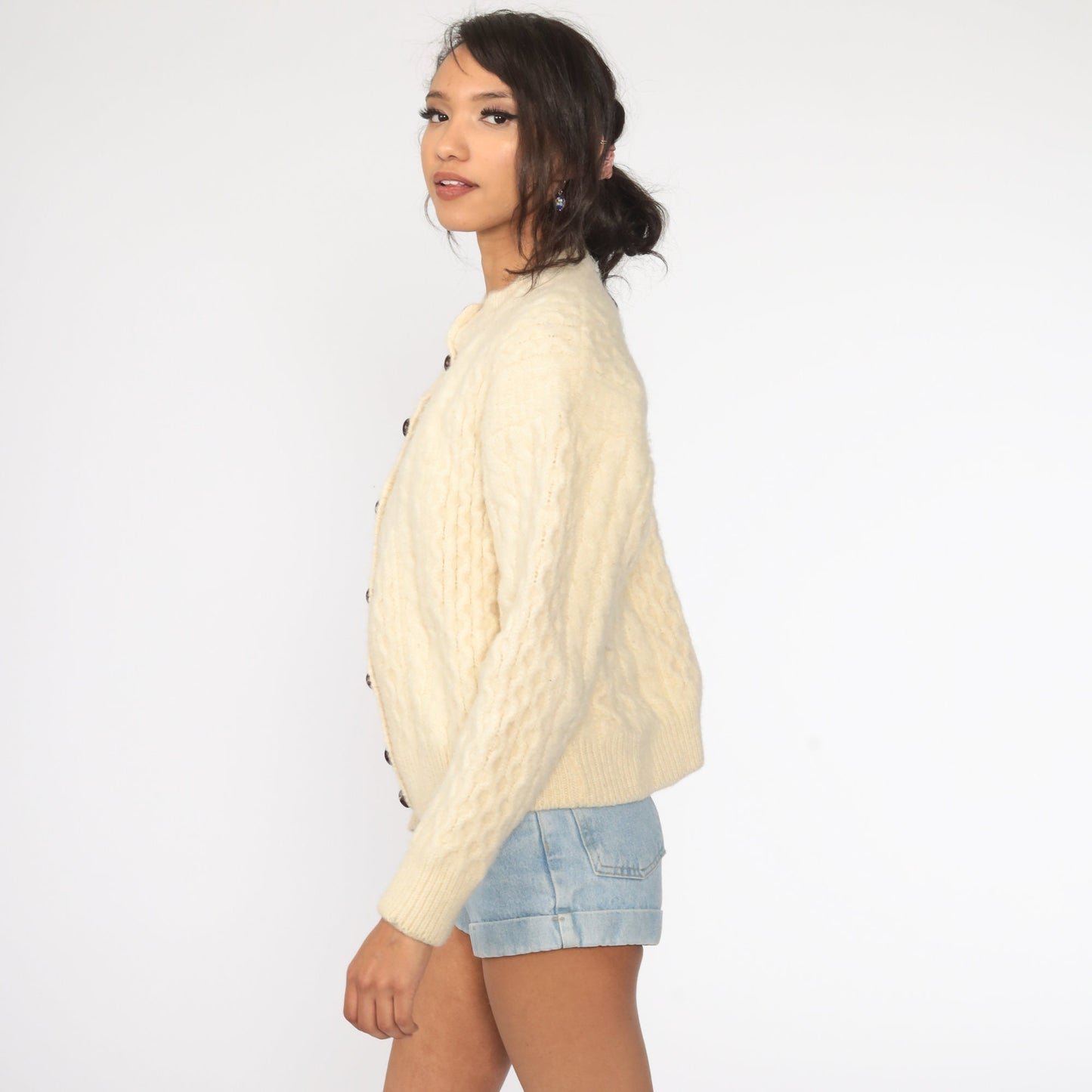 80s Wool Cable Knit Cardigan Cream Fisherman Sweater Button Up Extra Small