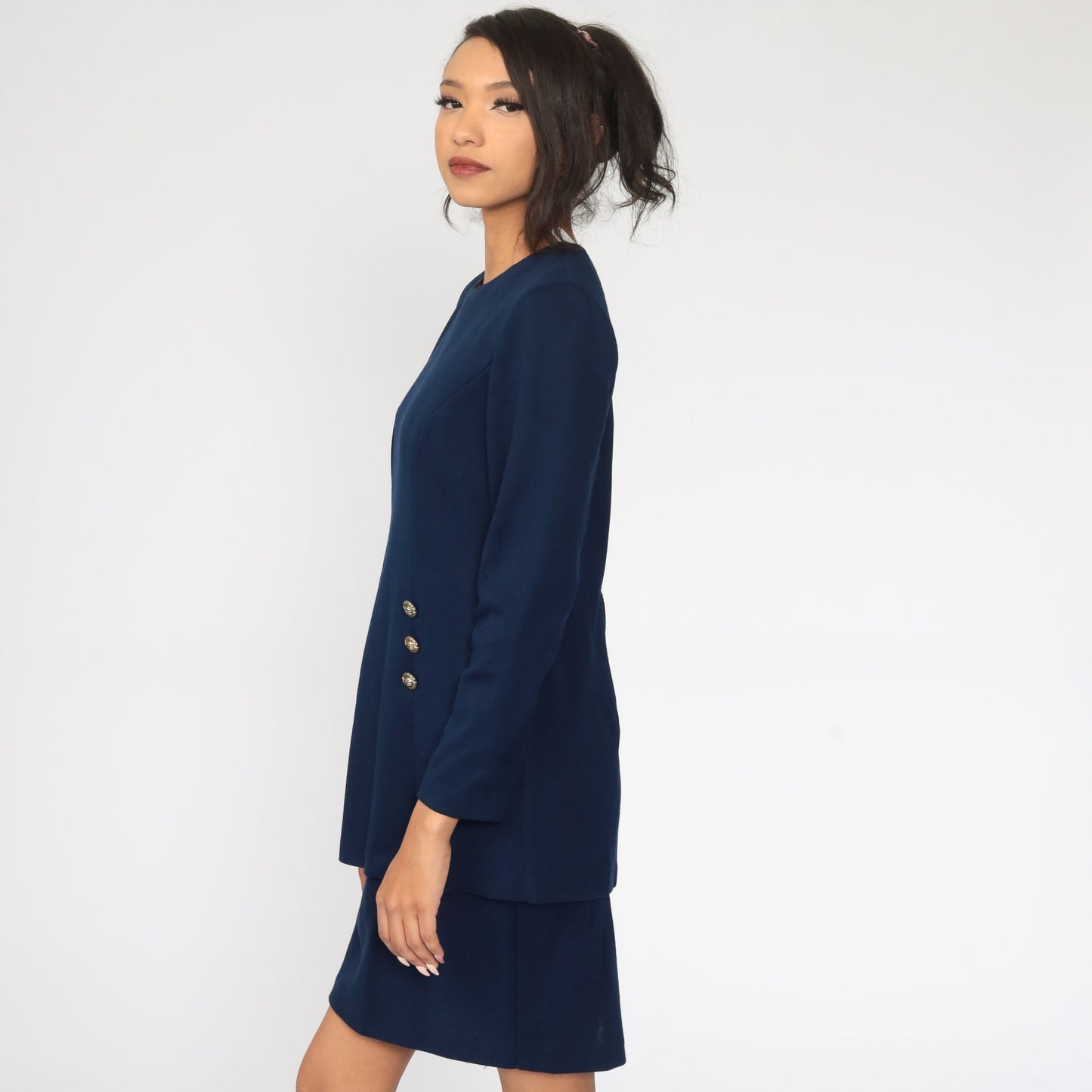 80s Navy Blue Sheath Dress Long Sleeve Wiggle Pencil Mini Small