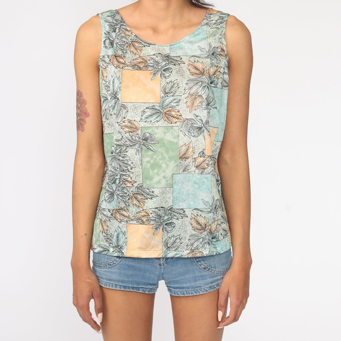 70s Floral Tank Top Hippie Sleeveless Blouse Green Large