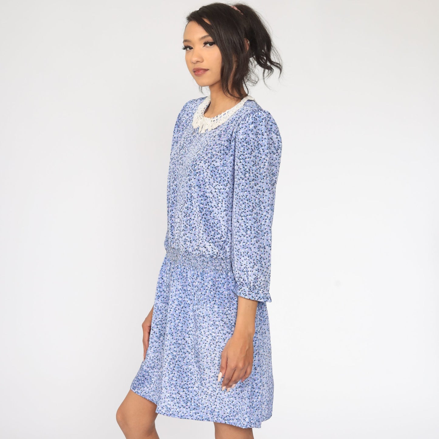 80s Blue Floral Puff Sleeve Dress Lace Trim Mini Large