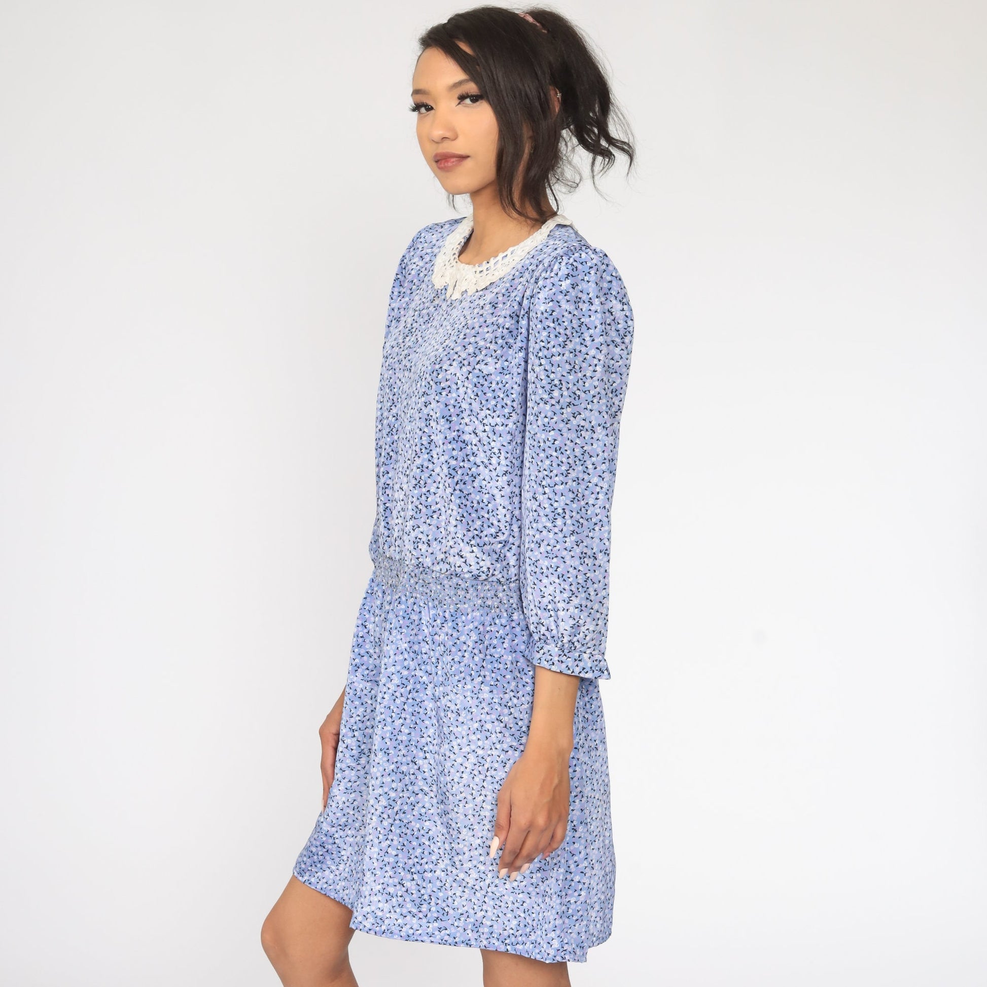 80s Blue Floral Puff Sleeve Dress Lace Trim Mini Large