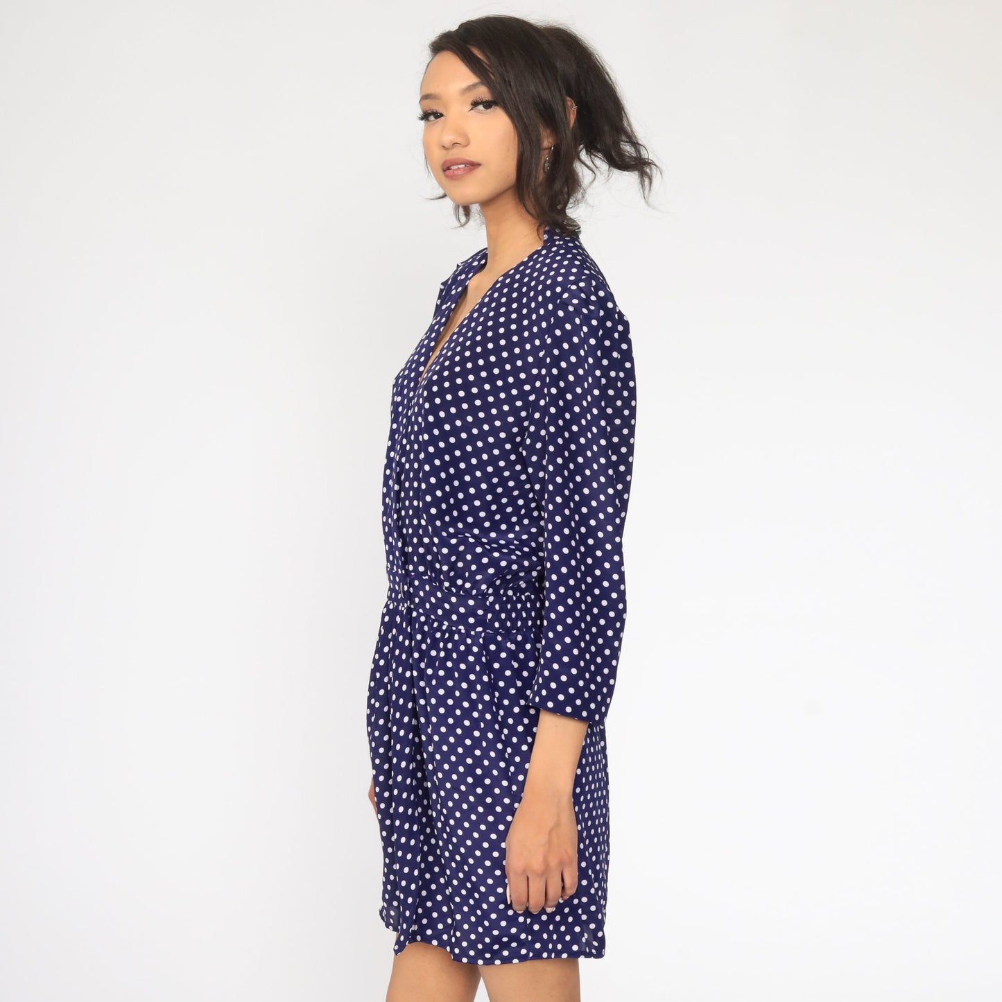 80s Navy Polka Dot Button-Up Mini Dress V-Neck Long Sleeve Small