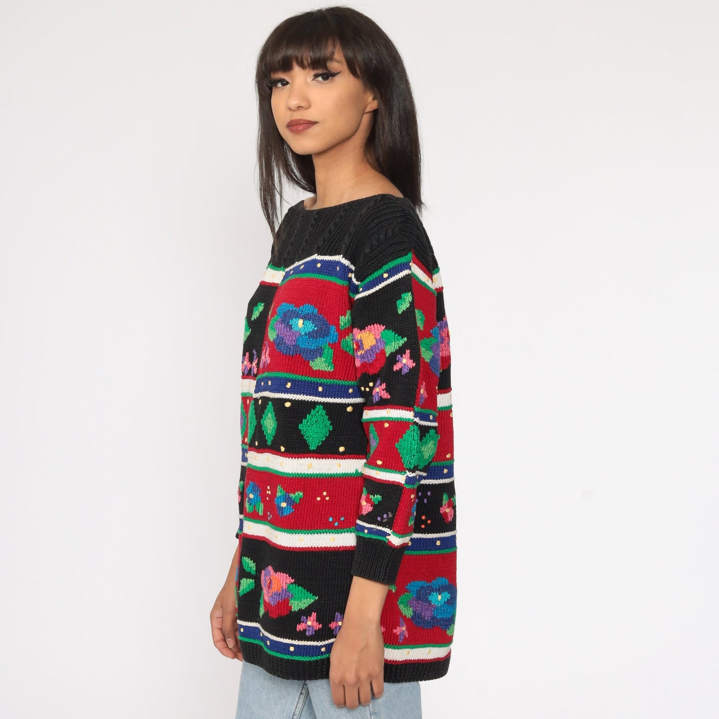 90s Striped Floral Cotton Pullover Sweater Knit Large