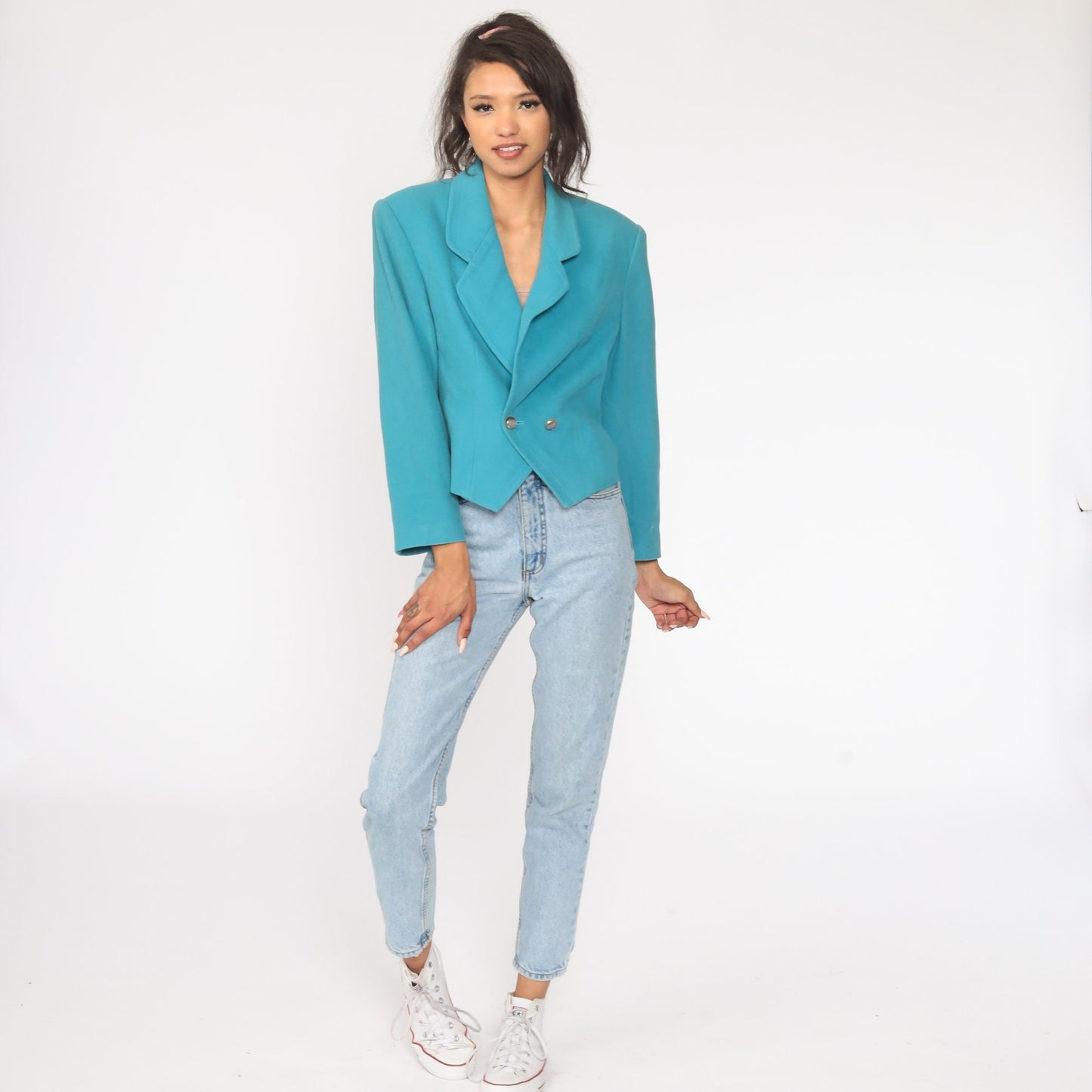 80s Turquoise Wool Blazer Tailored Jacket Collared Medium