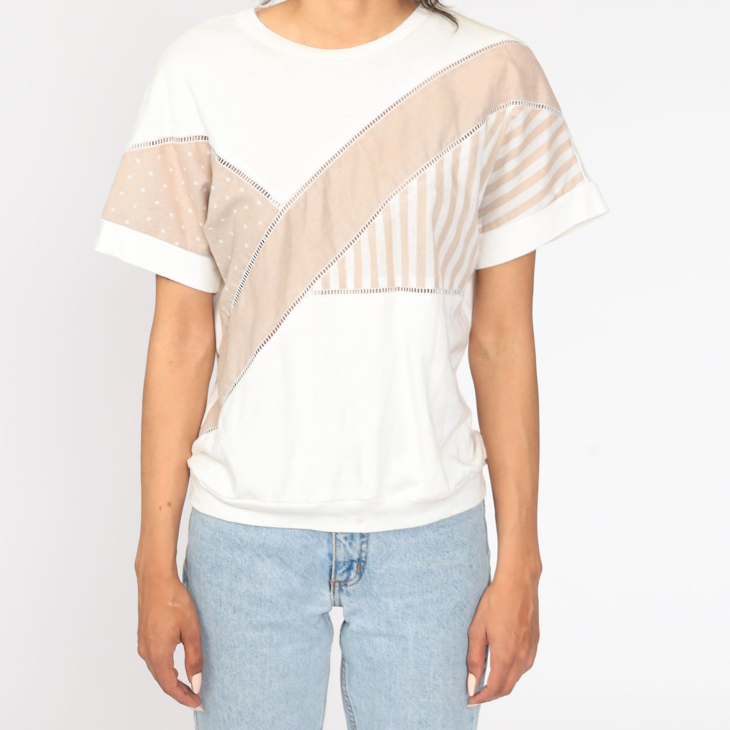 80s Striped Cutout Top White Tan Short Sleeve Blouse Medium