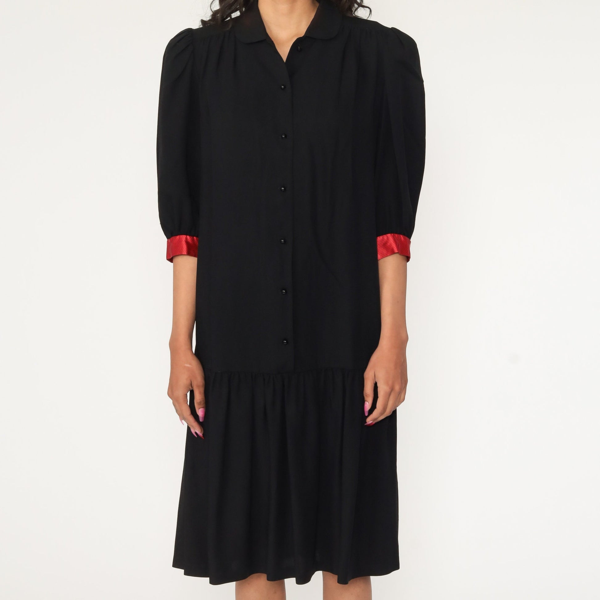 80s Black Mini Dress Drop Waist Puff Sleeve Button-Up Medium
