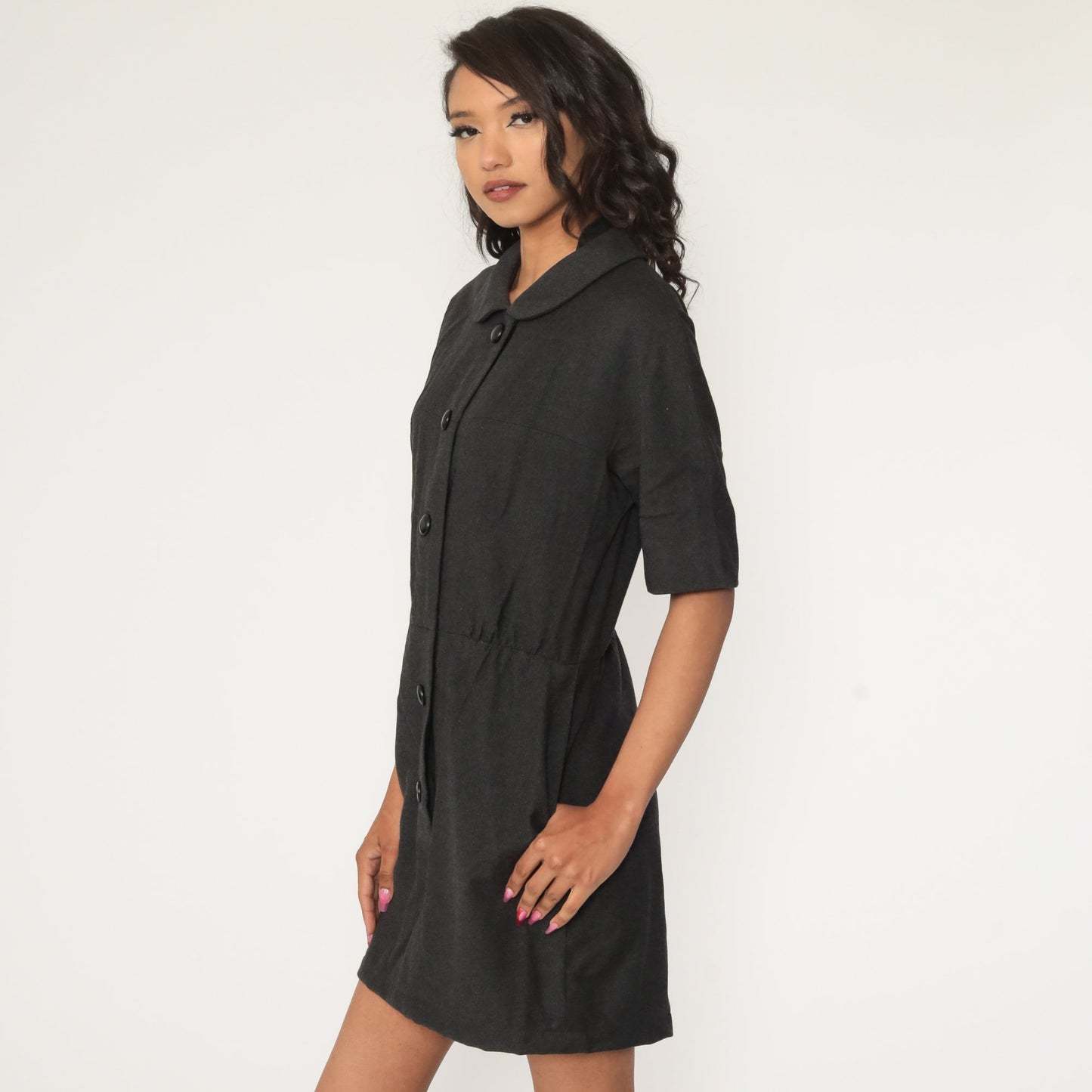 60s Mod Wool Shift Dress Peter Pan Collar Charcoal Mini Medium