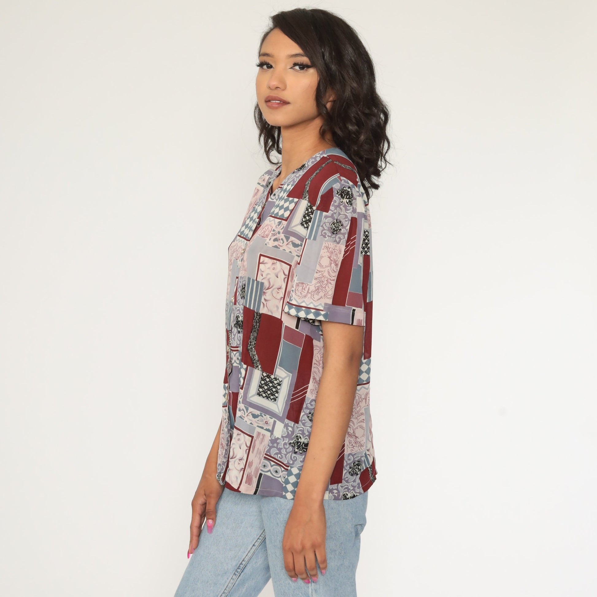 Y2K Patchwork Button-Up Blouse Burgundy Pink Short Sleeve Extra Large XXL