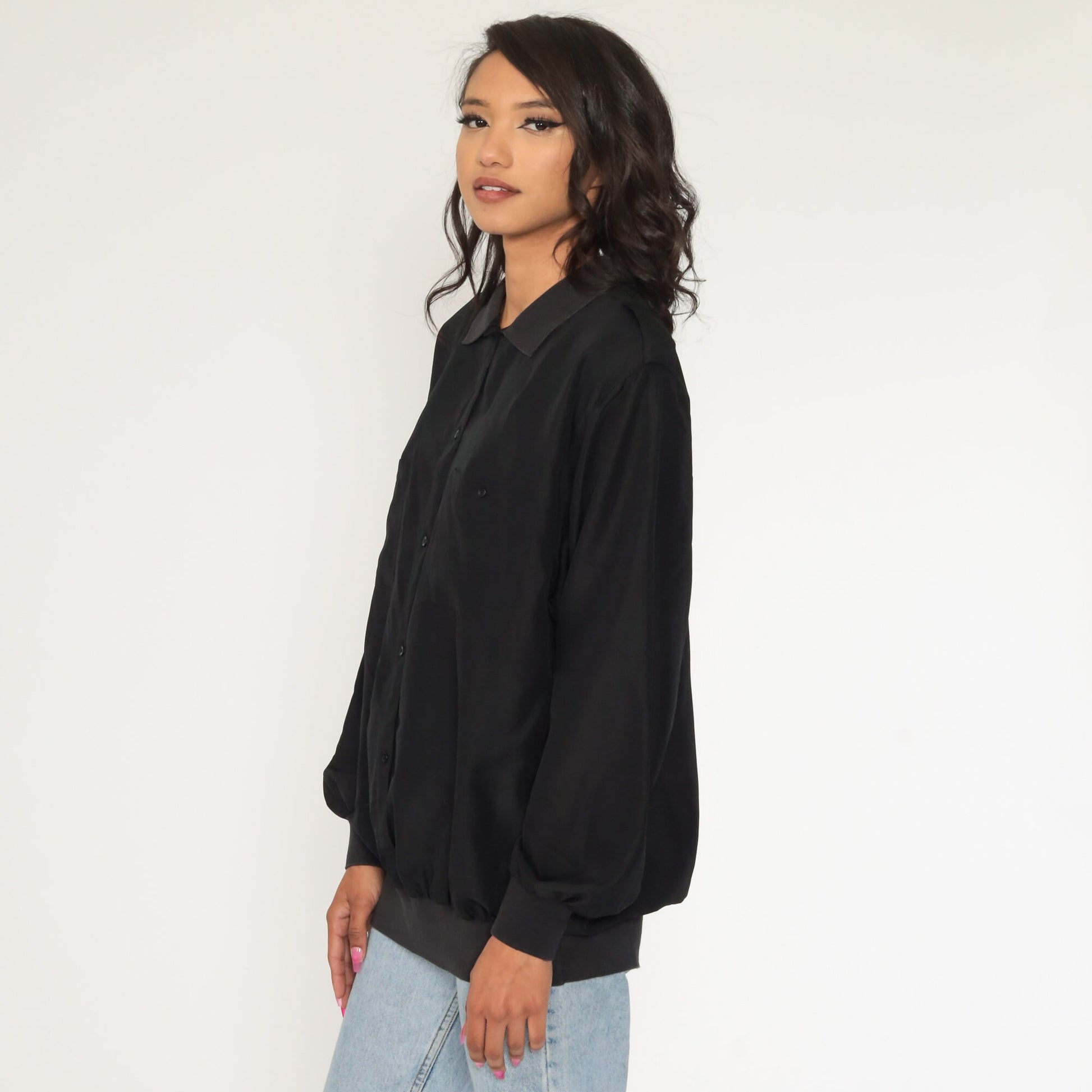 80s Diane von Furstenberg Black Button-Up Shirt Loose Fit Cotton Medium