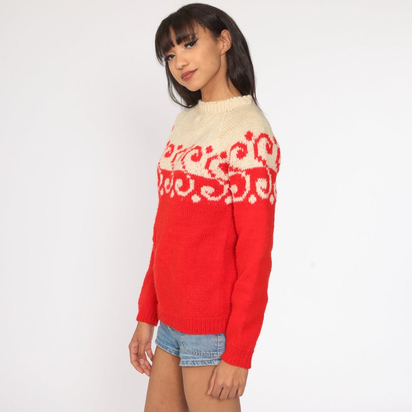 70s Ski Sweater Red Cream Letter S Raglan Pullover Small Medium
