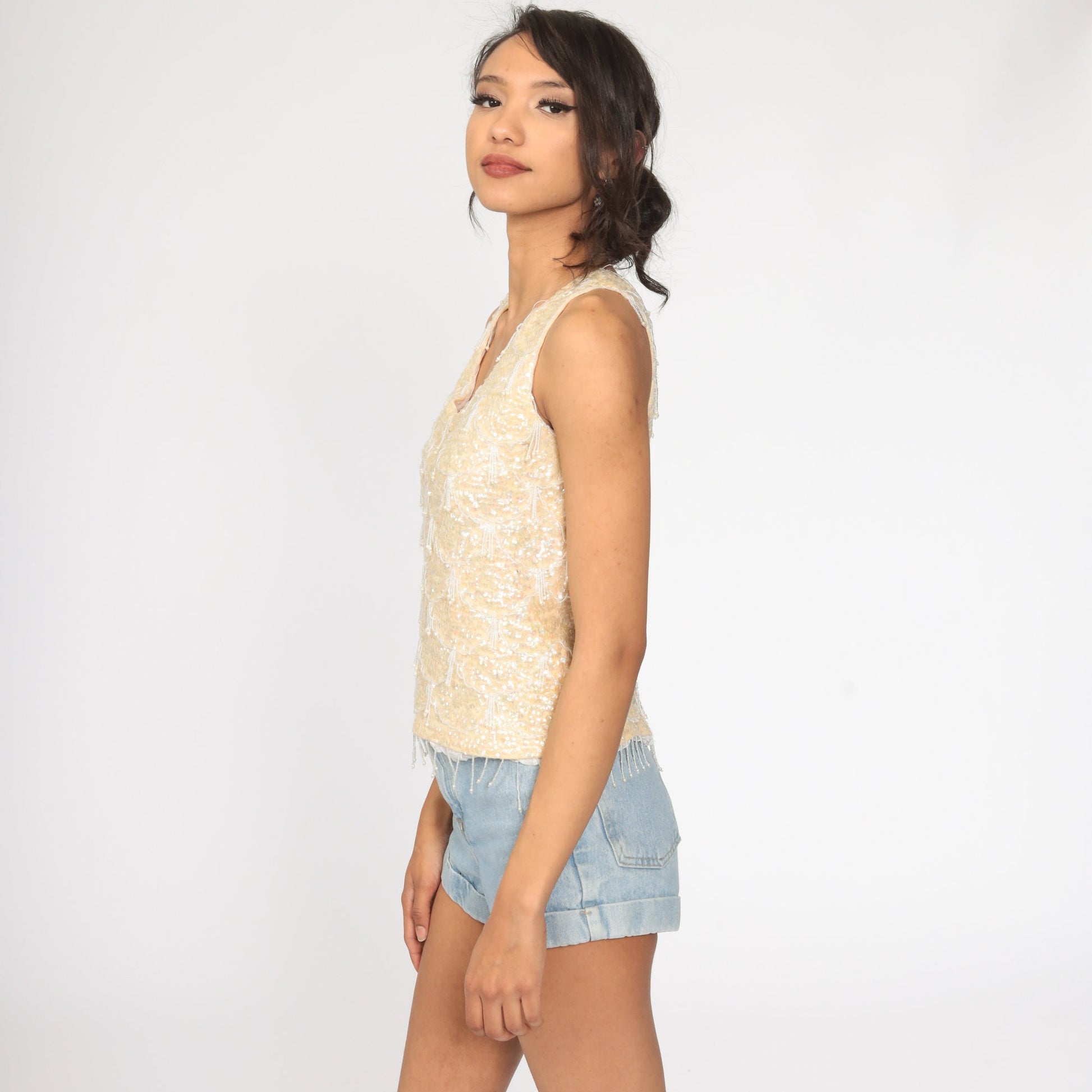 60s Beaded Sequin Knit Tank Top Cream Sleeveless Blouse Extra Small