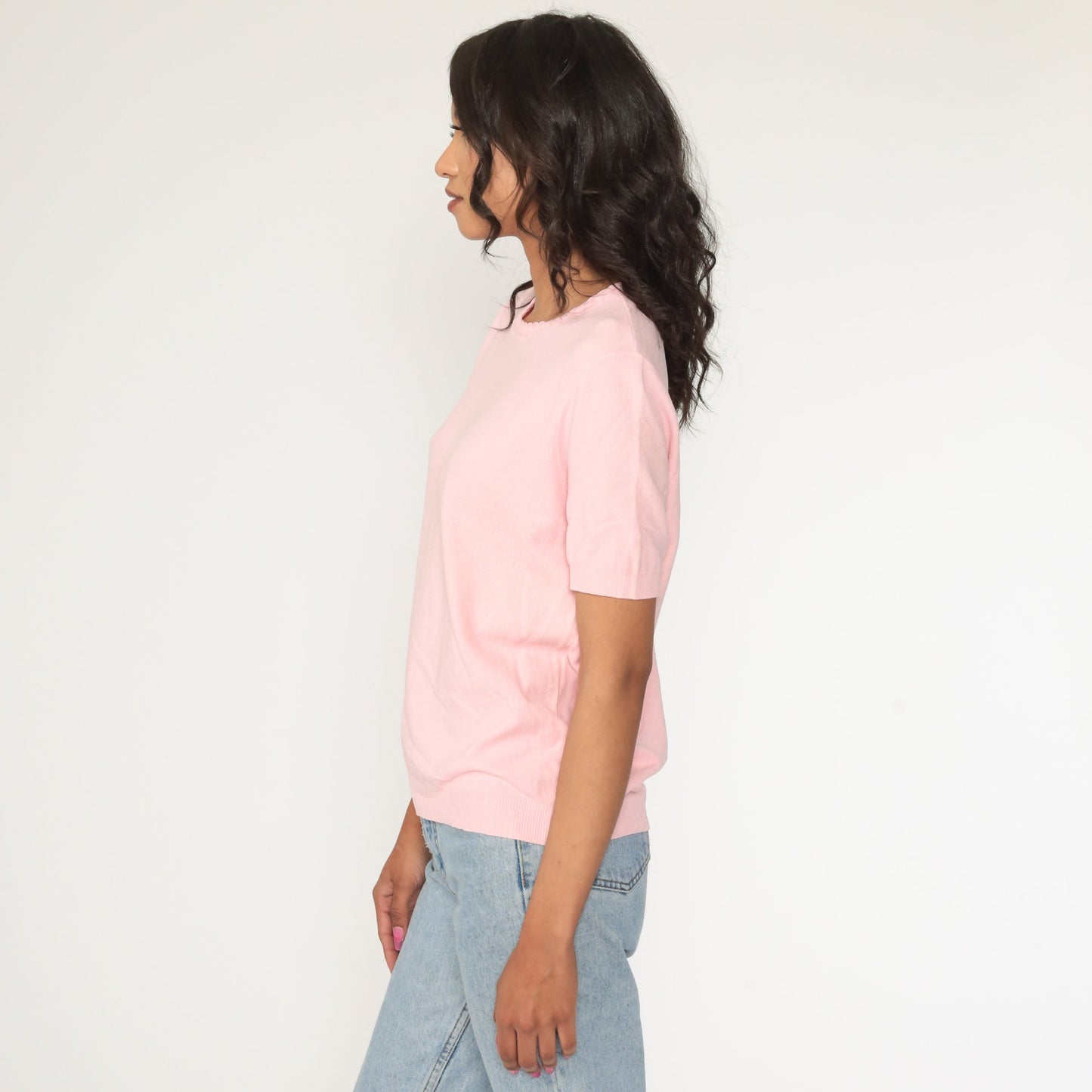 70s Pink Knit Blouse Braided Trim Short Sleeve Nylon Top Medium Large