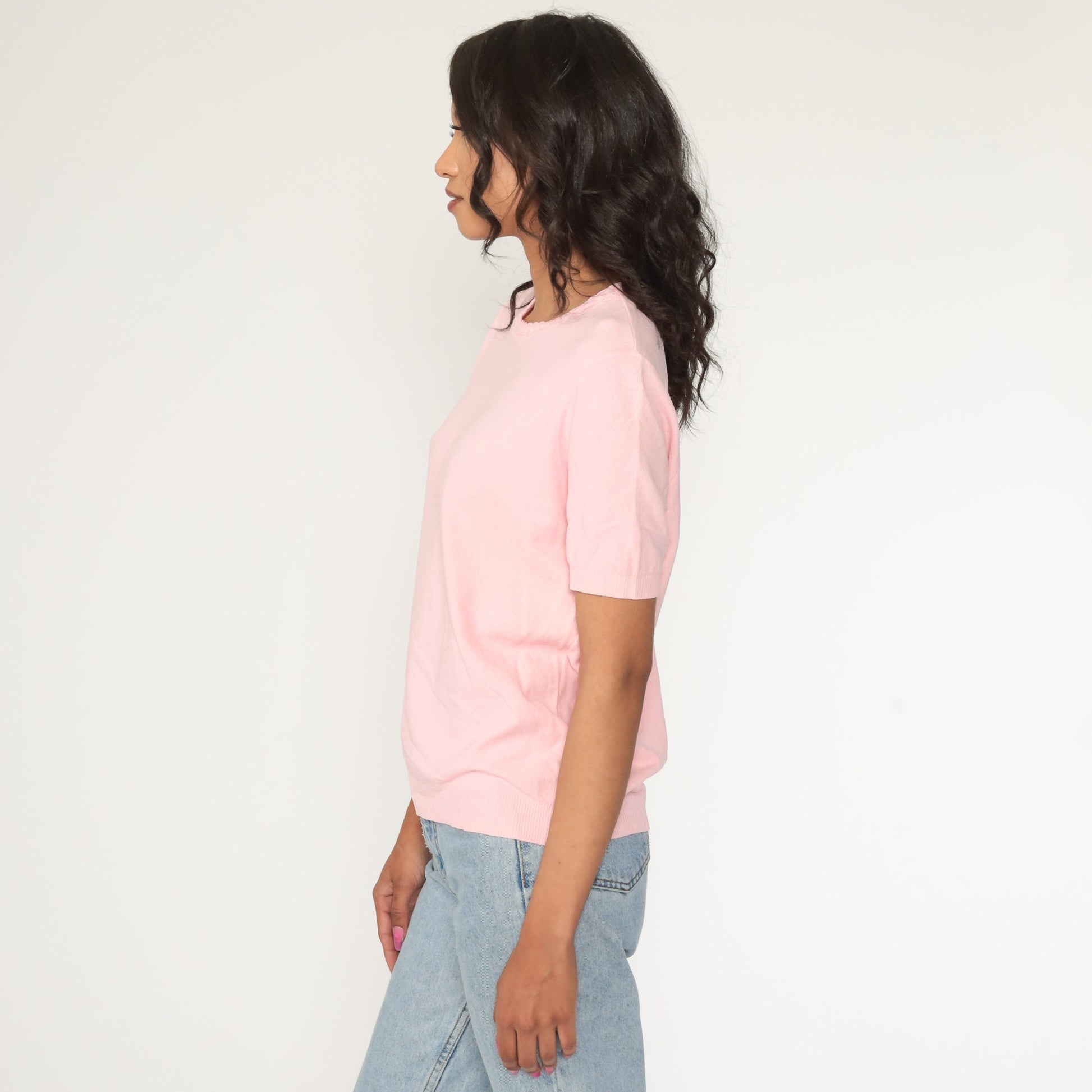 70s Pink Knit Blouse Braided Trim Short Sleeve Nylon Top Medium Large
