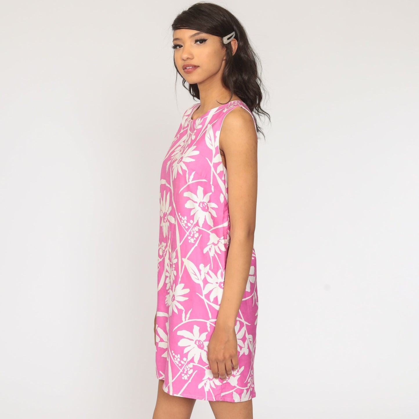 60s Floral Shift Dress Pink Mini Sleeveless Mod Print Small