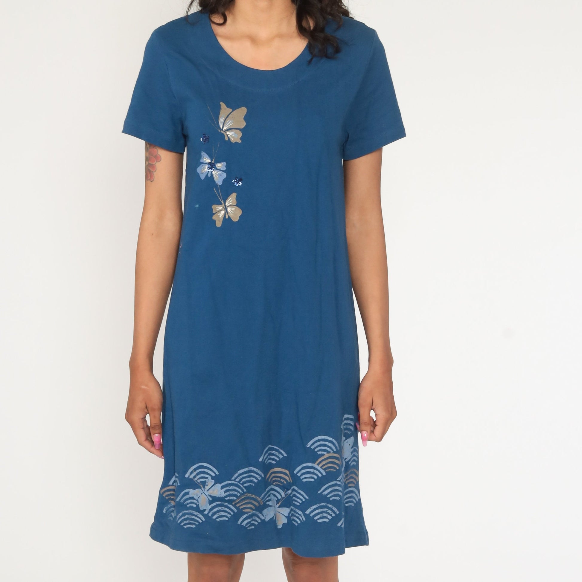 90s Butterfly Print Blue Mini Dress Shift Short Sleeve Small