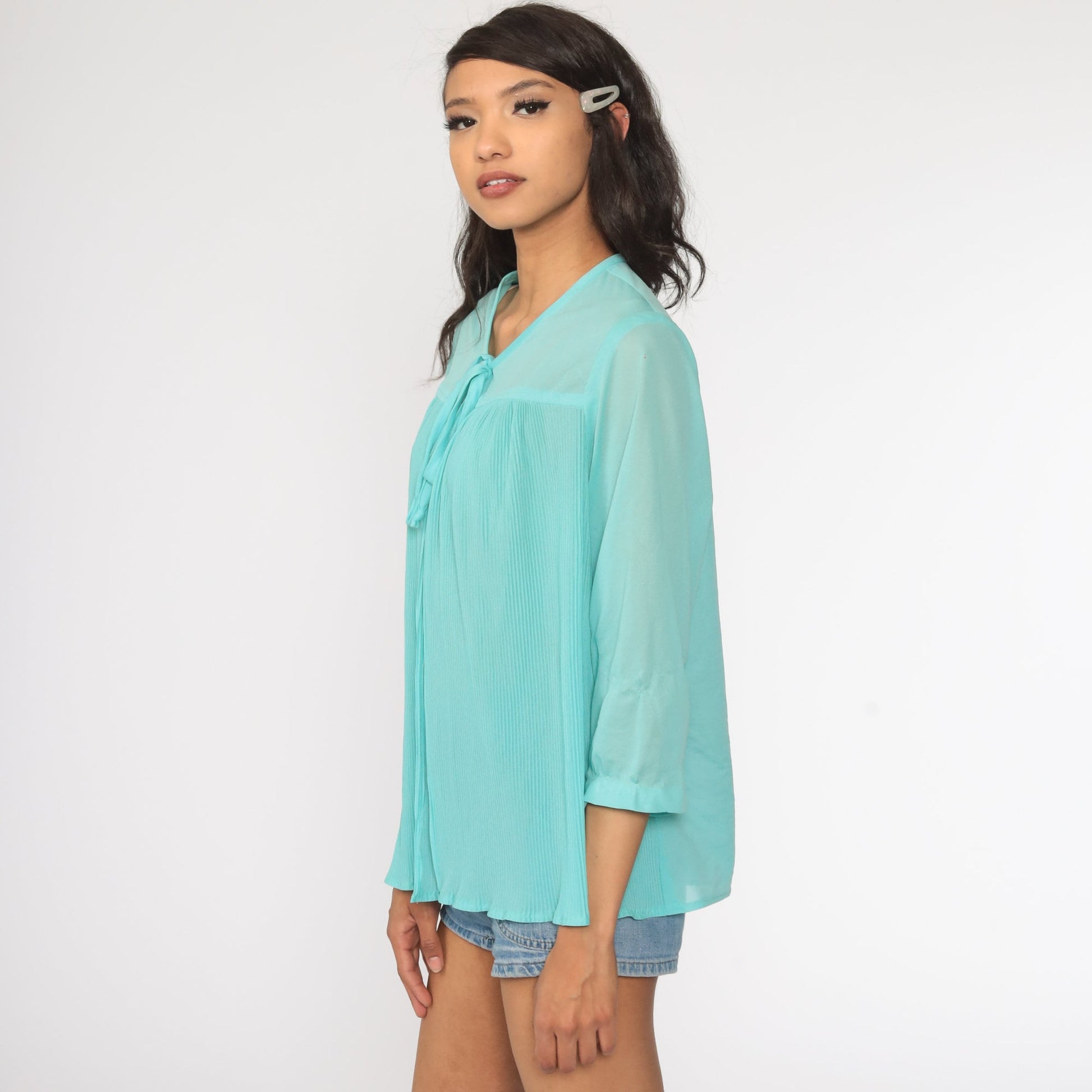 70s Sheer Blue Blouse Tie Neck Pleated Long Sleeve Top Medium Large
