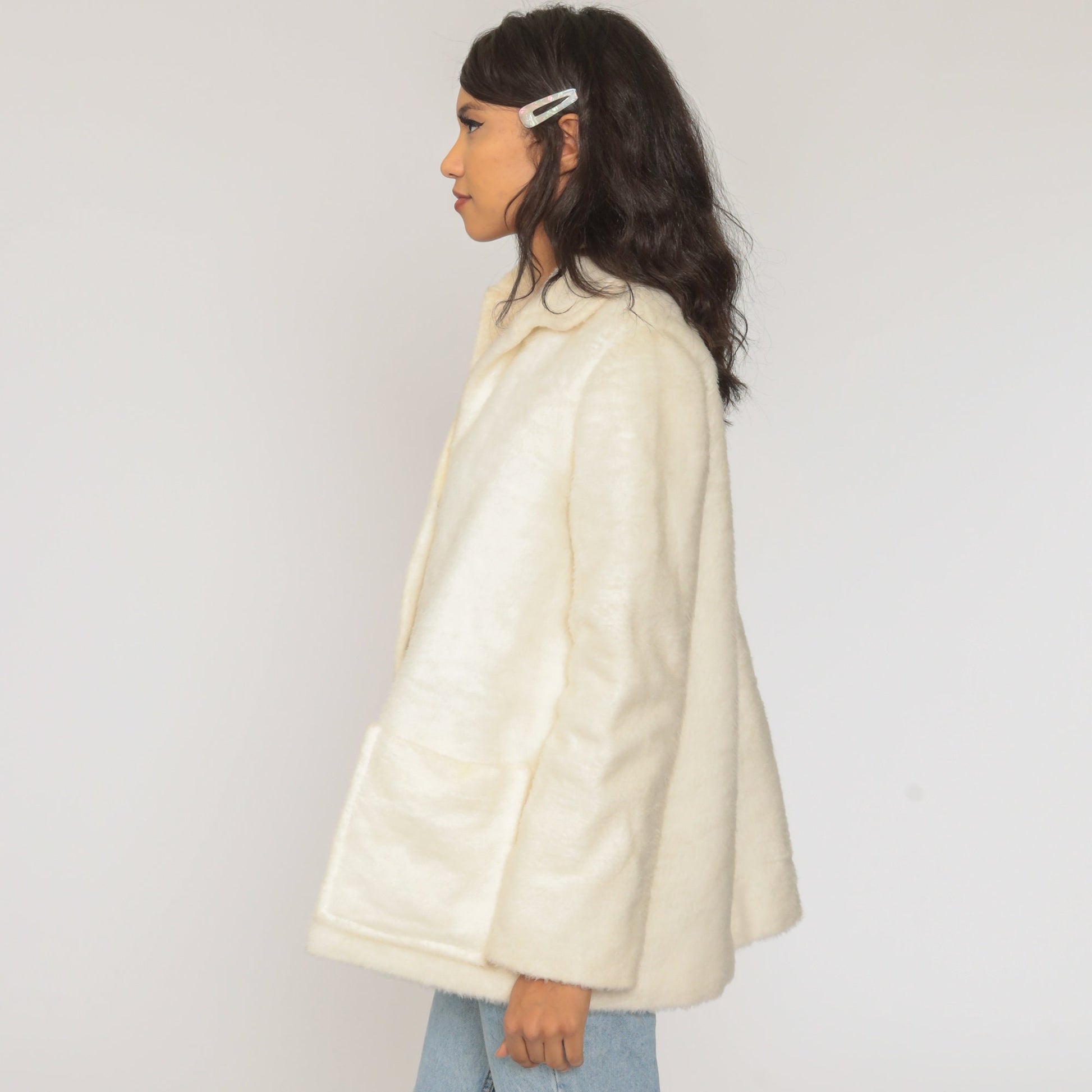 60s Off-White Faux Fur Coat Vintage Jacket Large L