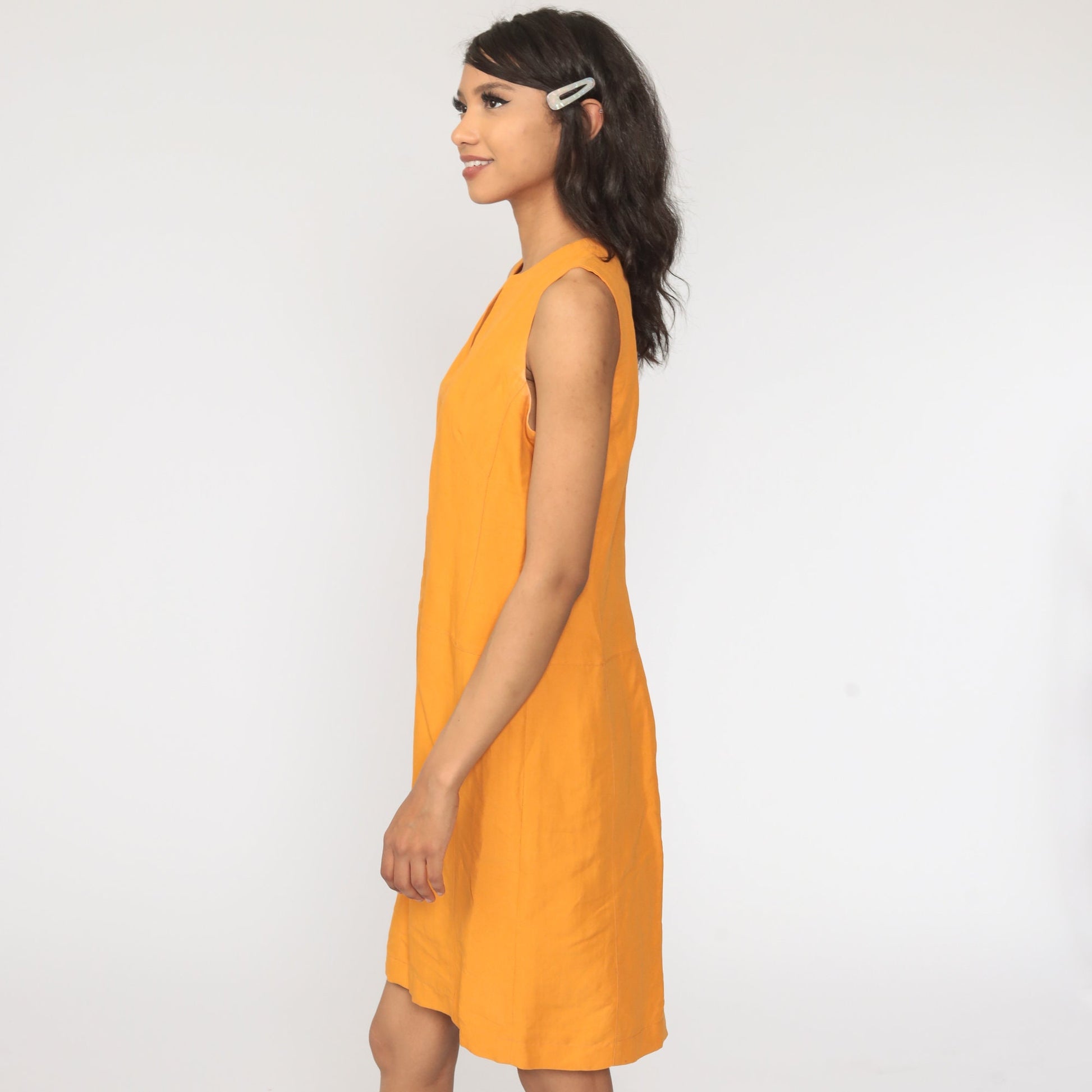 90s Orange Linen Rayon Sleeveless Mini Shift Dress Medium