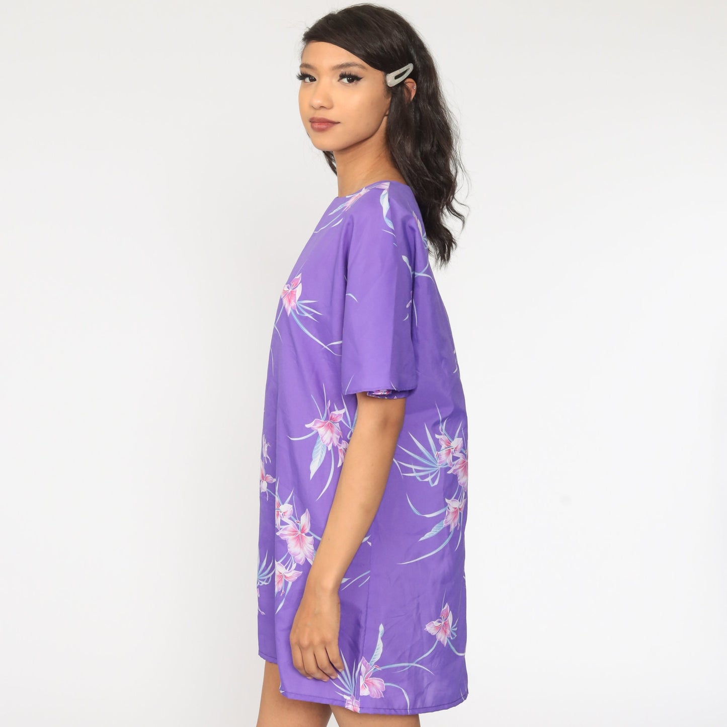 80s Floral Shift Dress Purple Tropical Flutter Sleeve Midi Medium Large