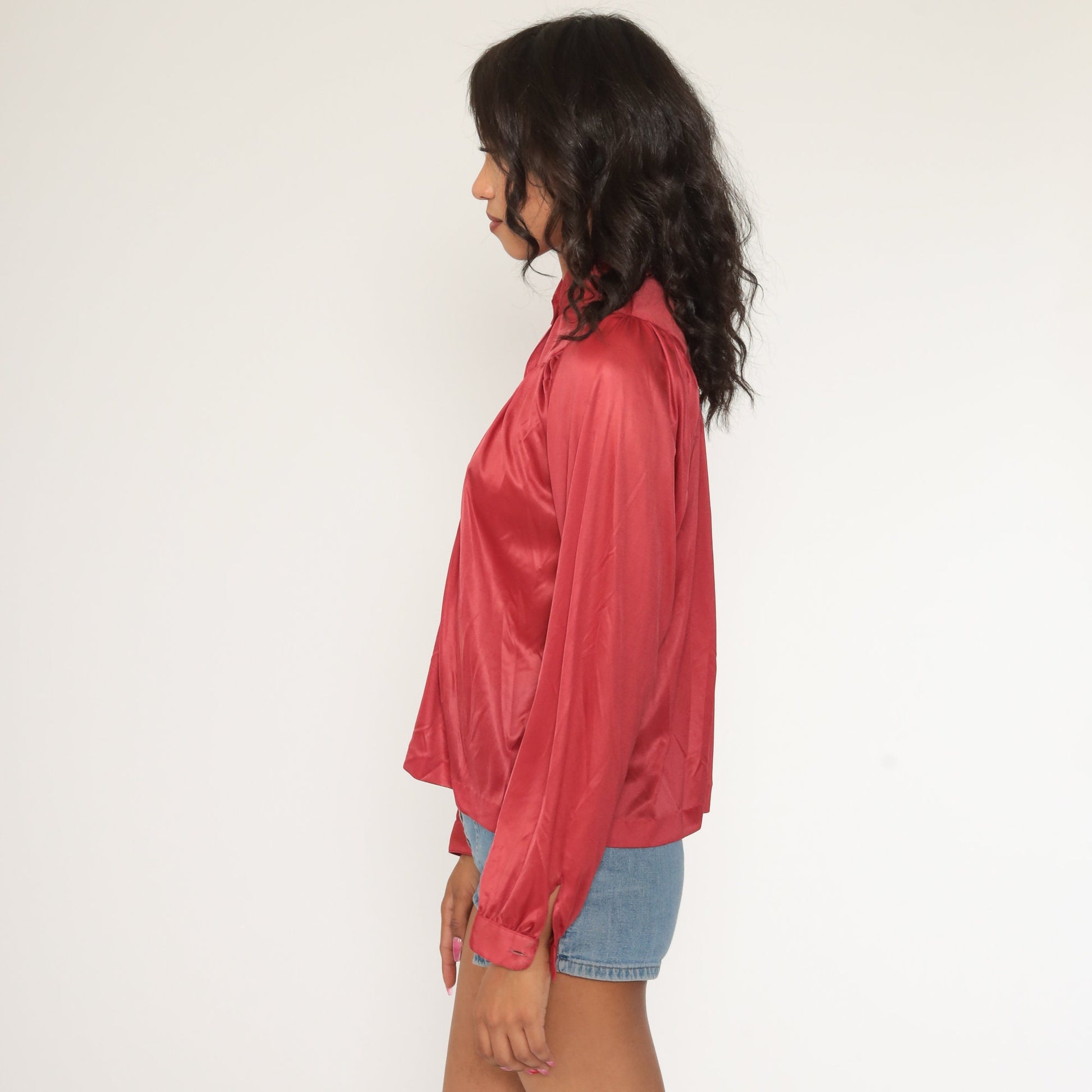 70s Dark Pink Button-Up Blouse Long Sleeve Tunic Loose Fit Medium