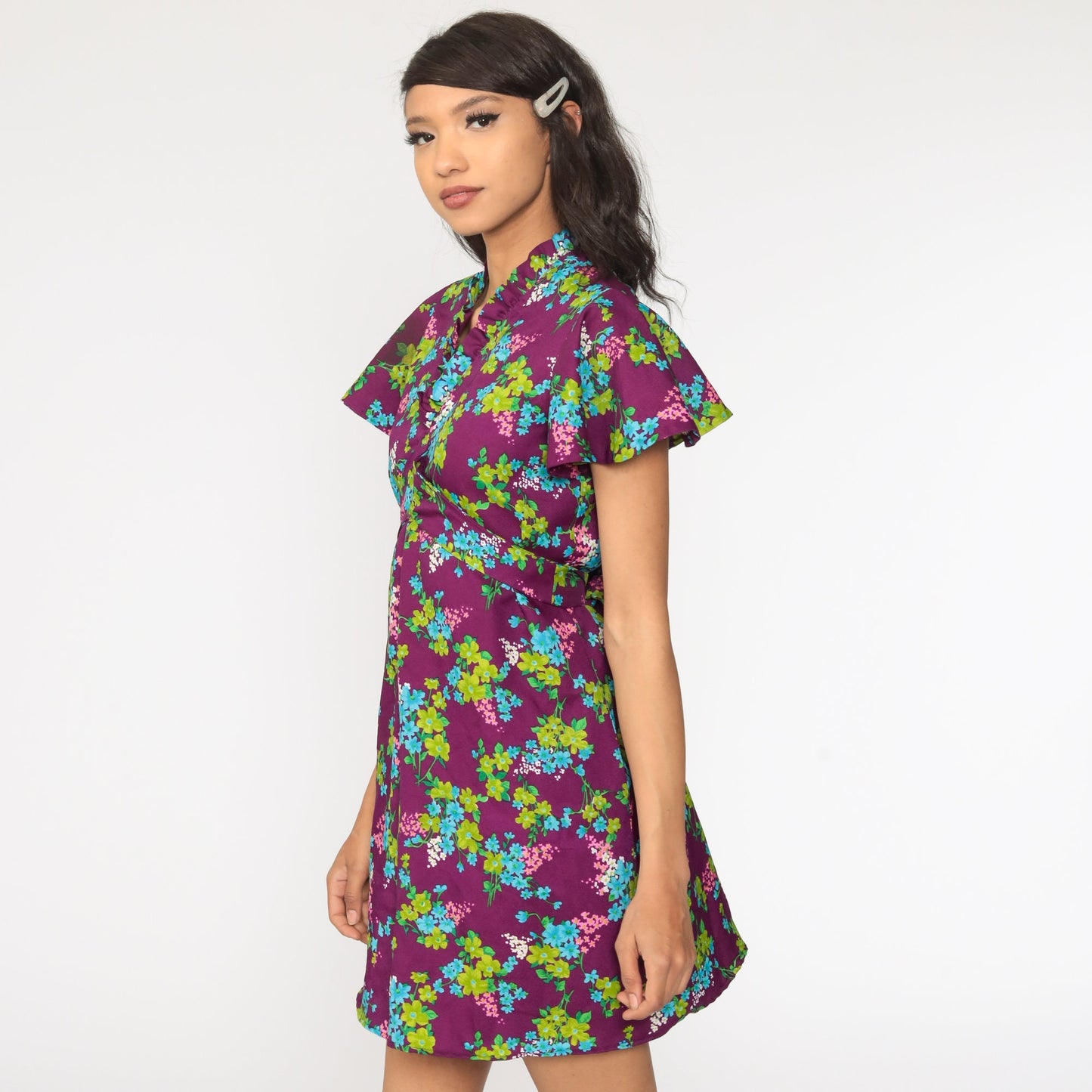 70s Floral Mini Dress Purple Green Empire Waist Flutter Sleeve Medium Large