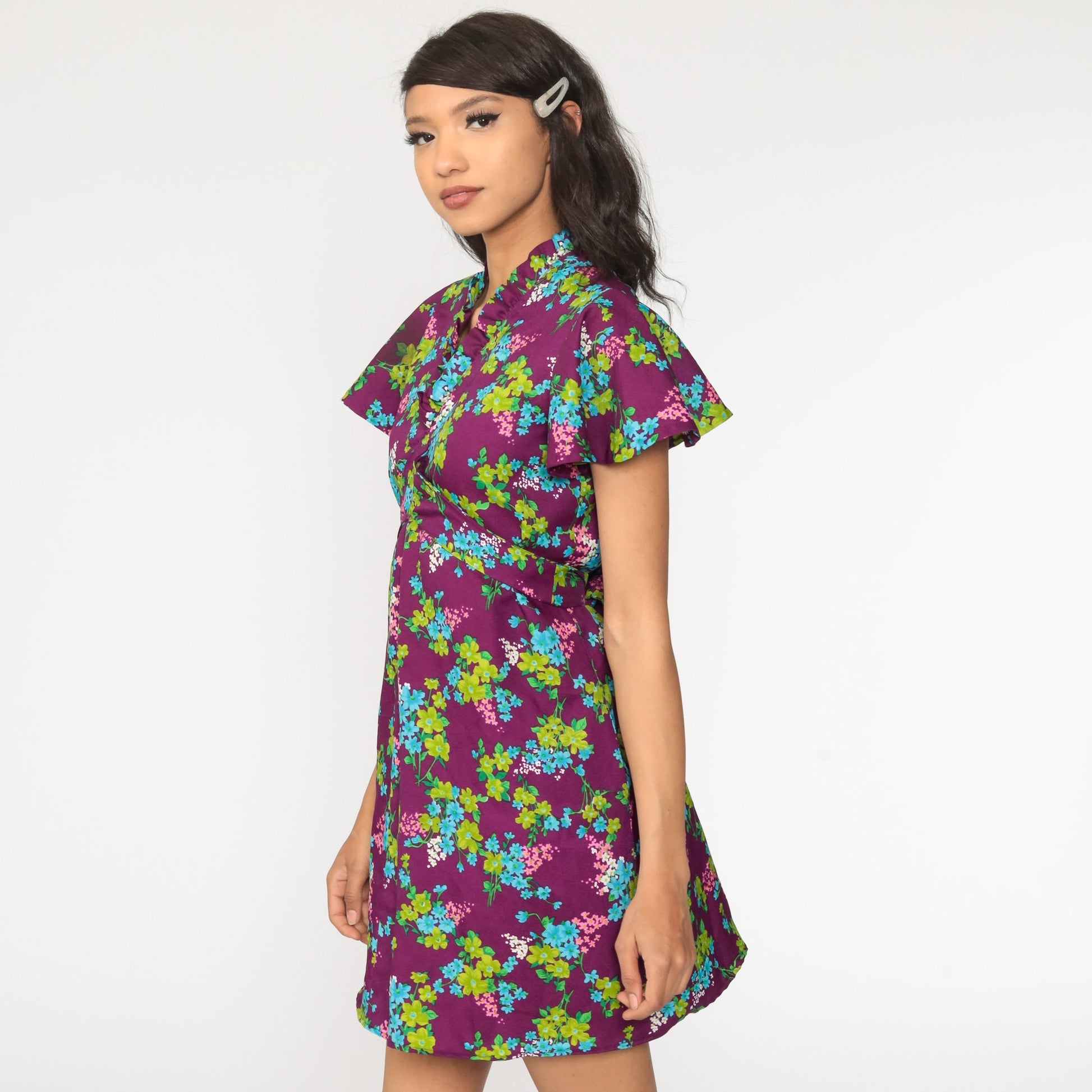 70s Floral Mini Dress Purple Green Empire Waist Flutter Sleeve Medium Large