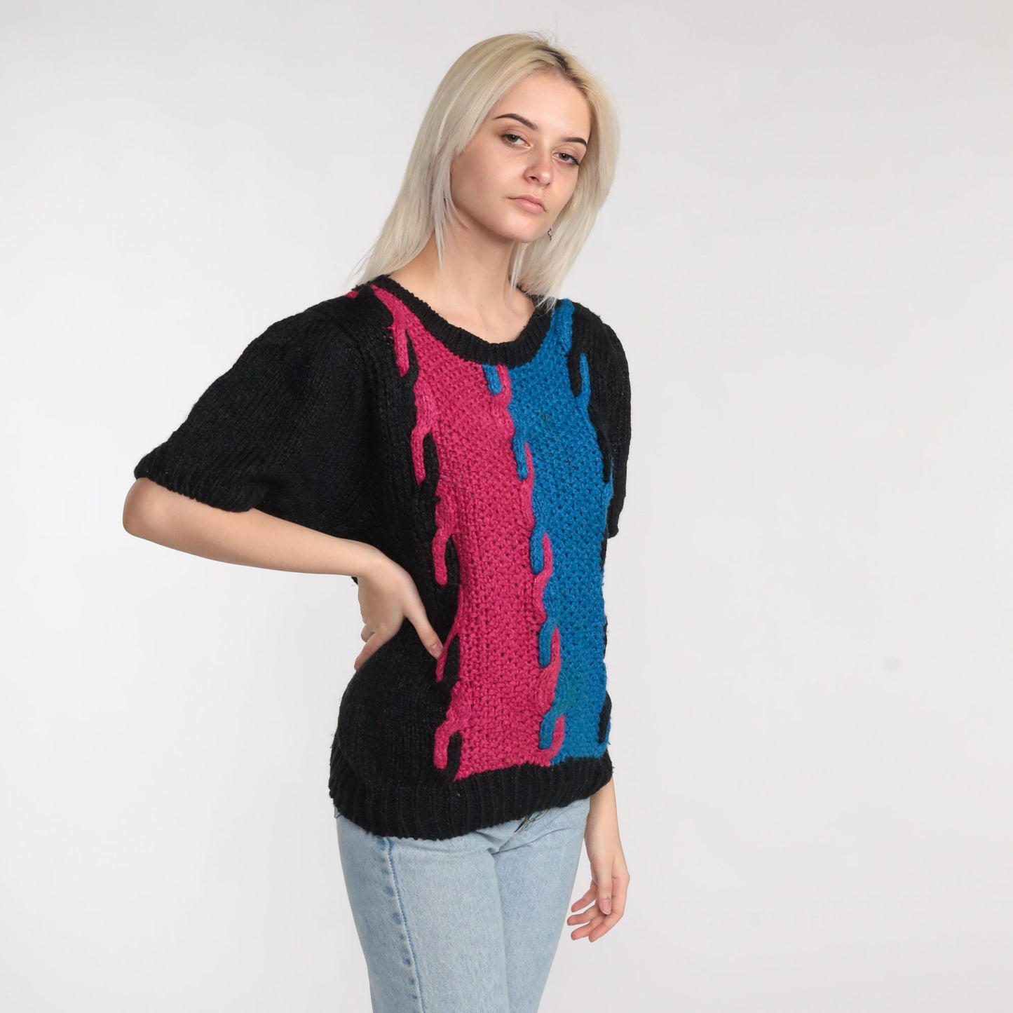80s Color Block Cable Knit Sweater Top Black Magenta Blue Short Sleeve Large
