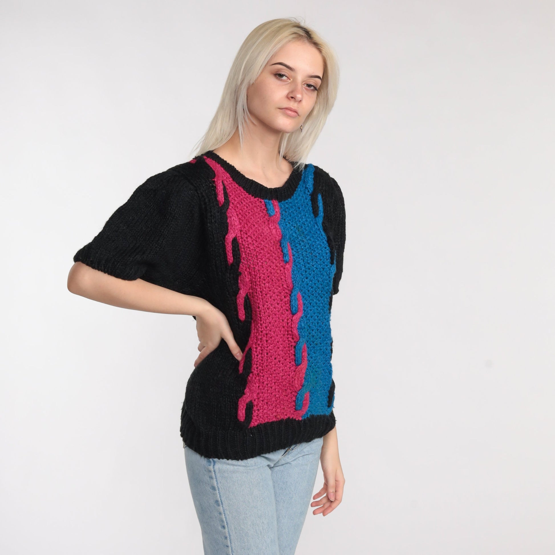 80s Color Block Cable Knit Sweater Top Black Magenta Blue Short Sleeve Large