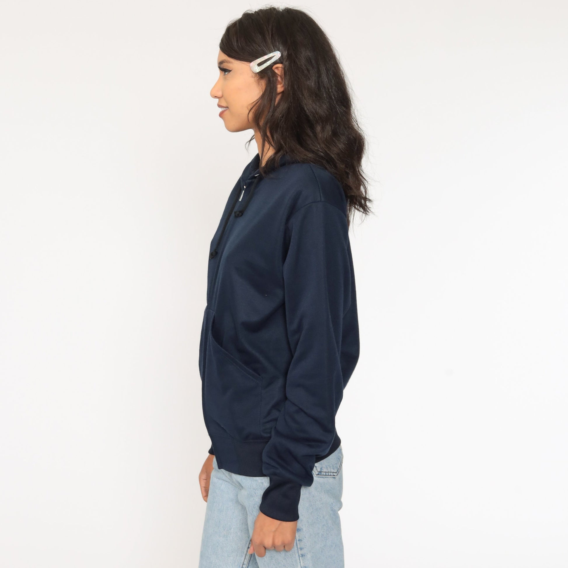 80s Blue Zip-Up Hoodie Sweatshirt Navy Pockets Medium
