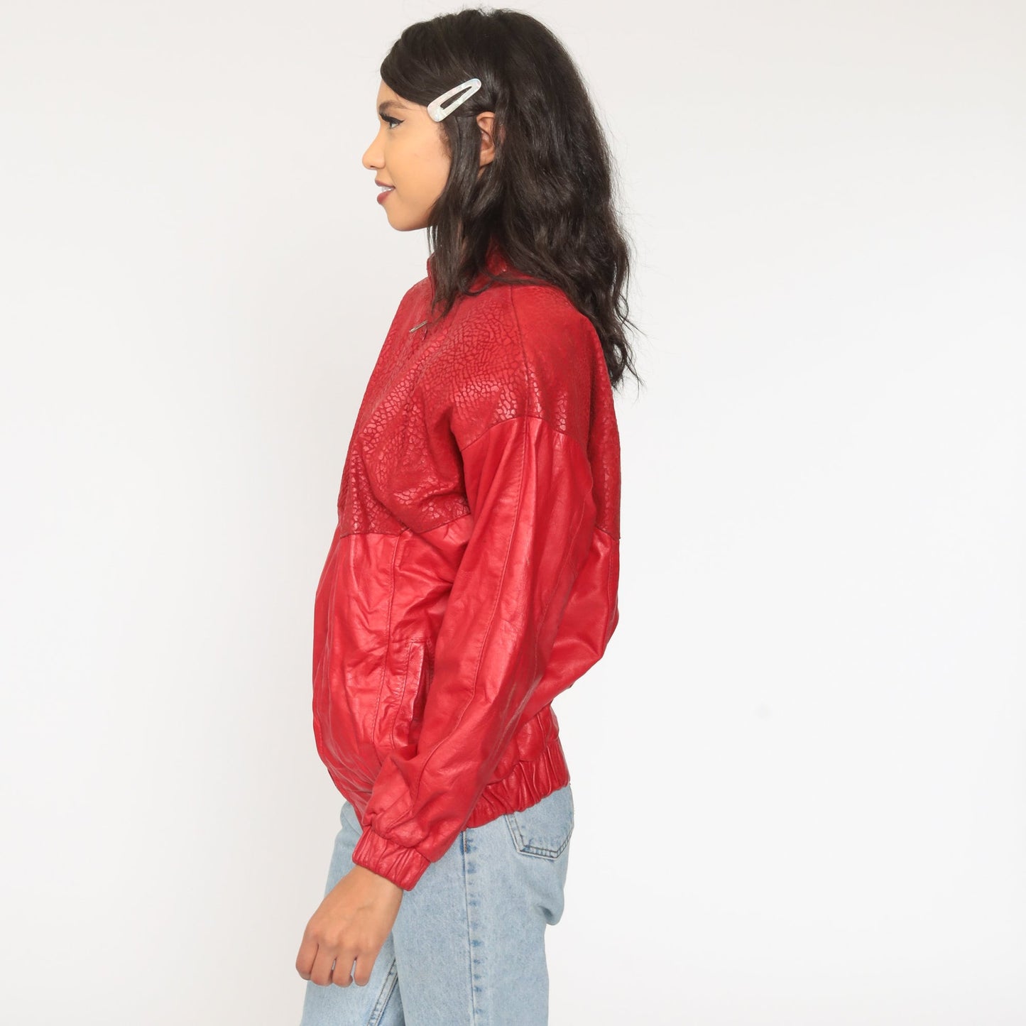 80s Red Leather Motorcycle Jacket Faux Snakeskin Biker Moto Medium
