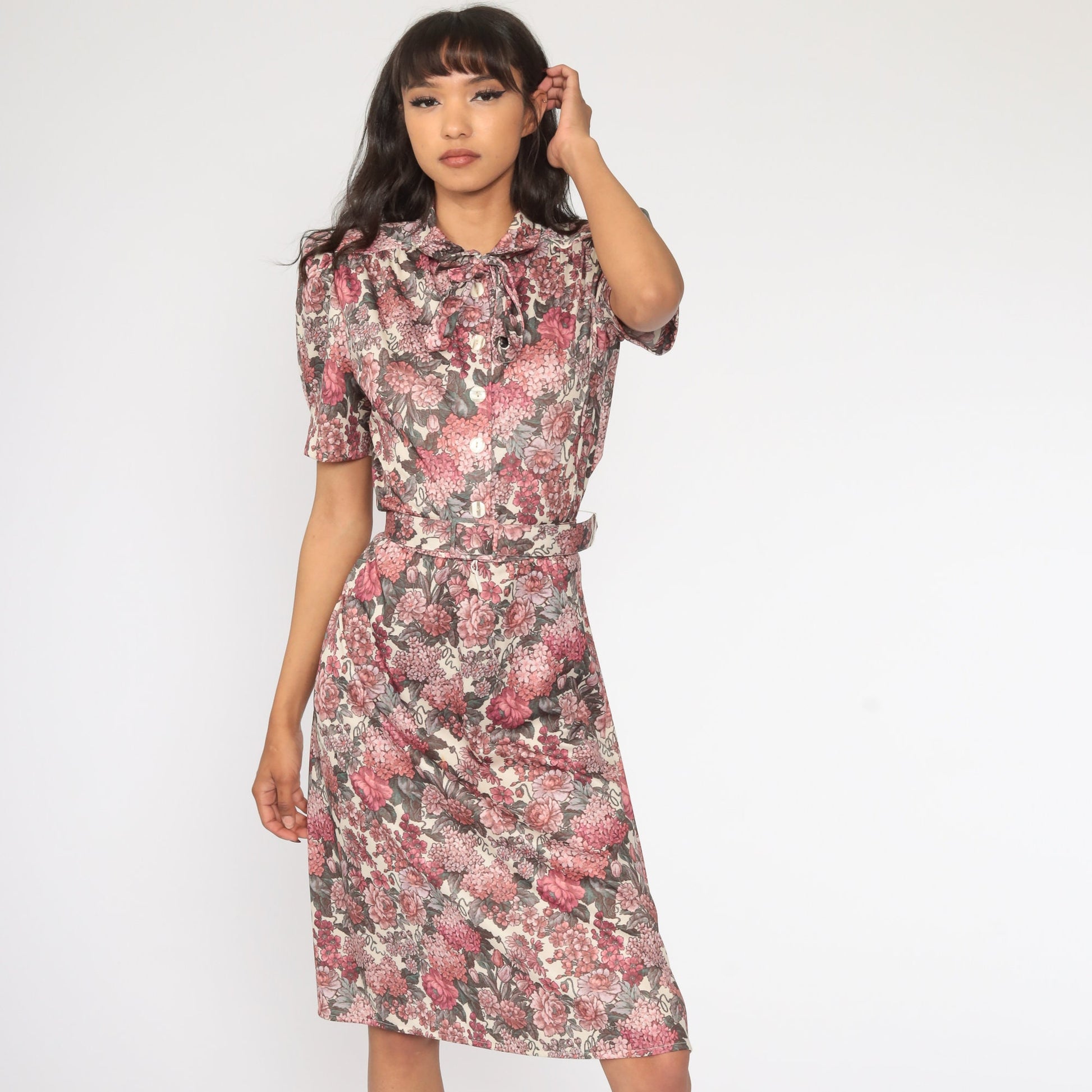 70s Floral Midi Dress High Waist Puff Sleeve Button Up Medium