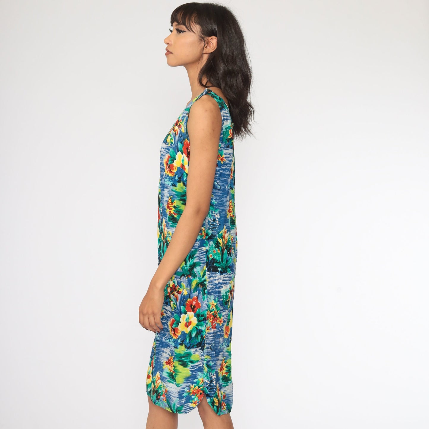 90s Blue Hawaiian Floral Mini Dress Sleeveless Shift Tank Small