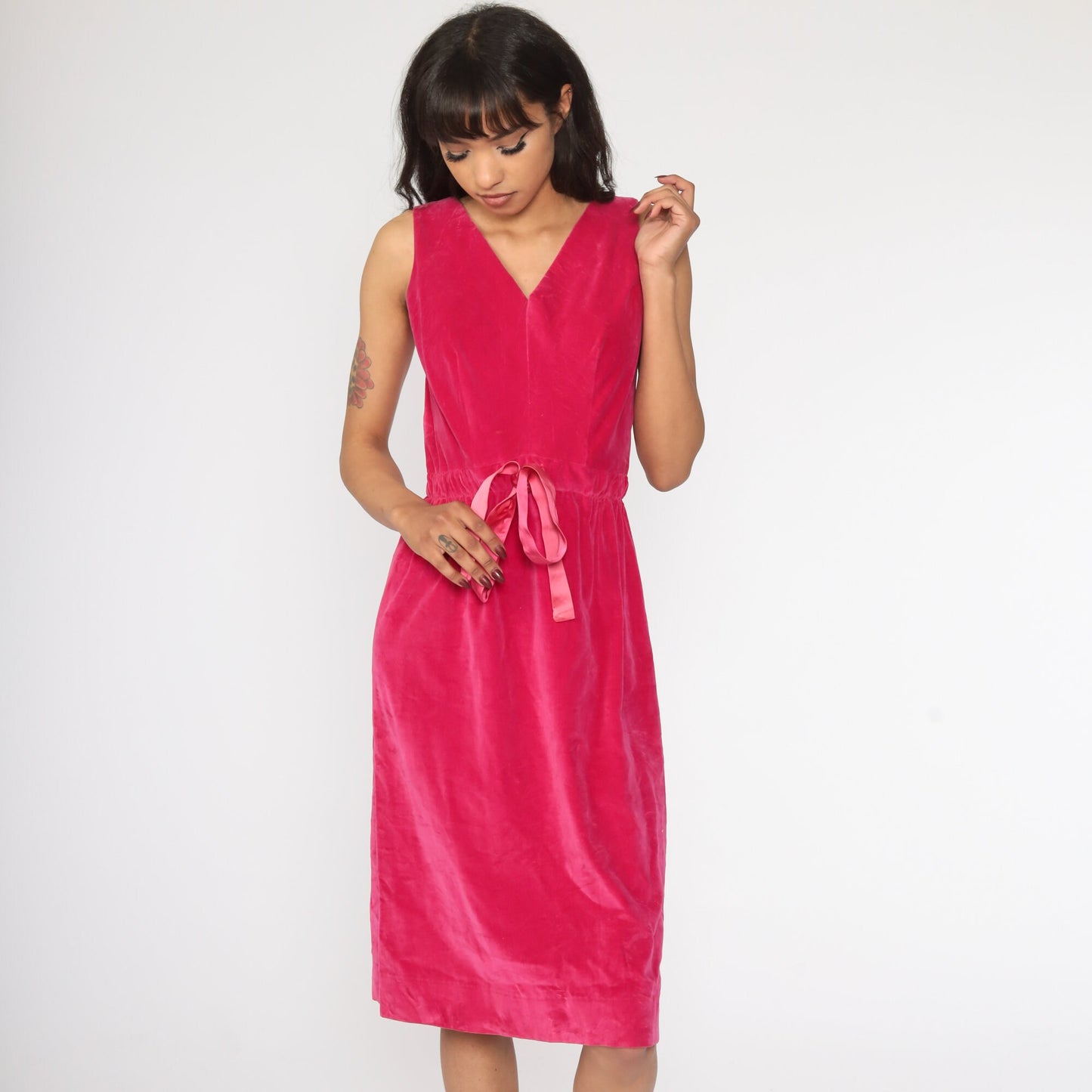60s Pink Velvet Midi Dress Sheath V-Neck Small