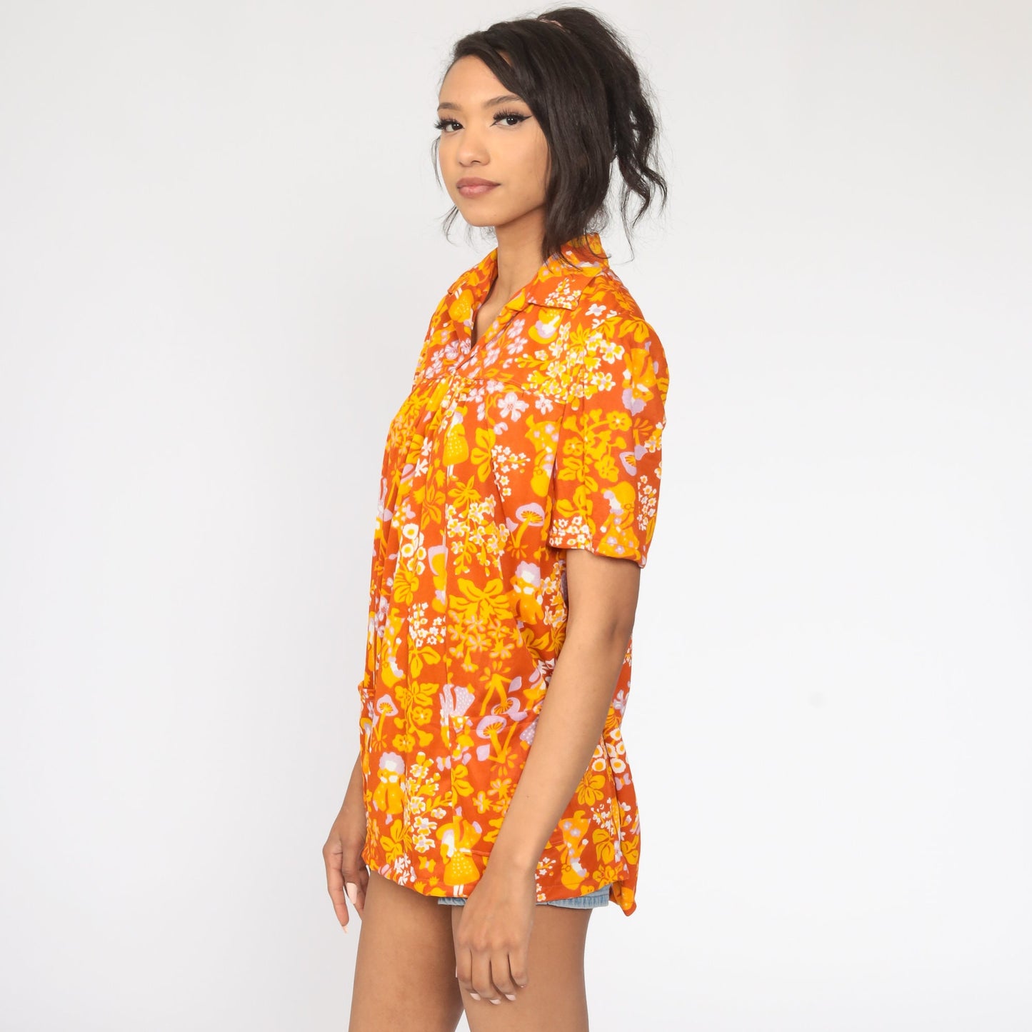 70s Mushroom Print Tunic Blouse Burnt Orange Short Sleeve Medium