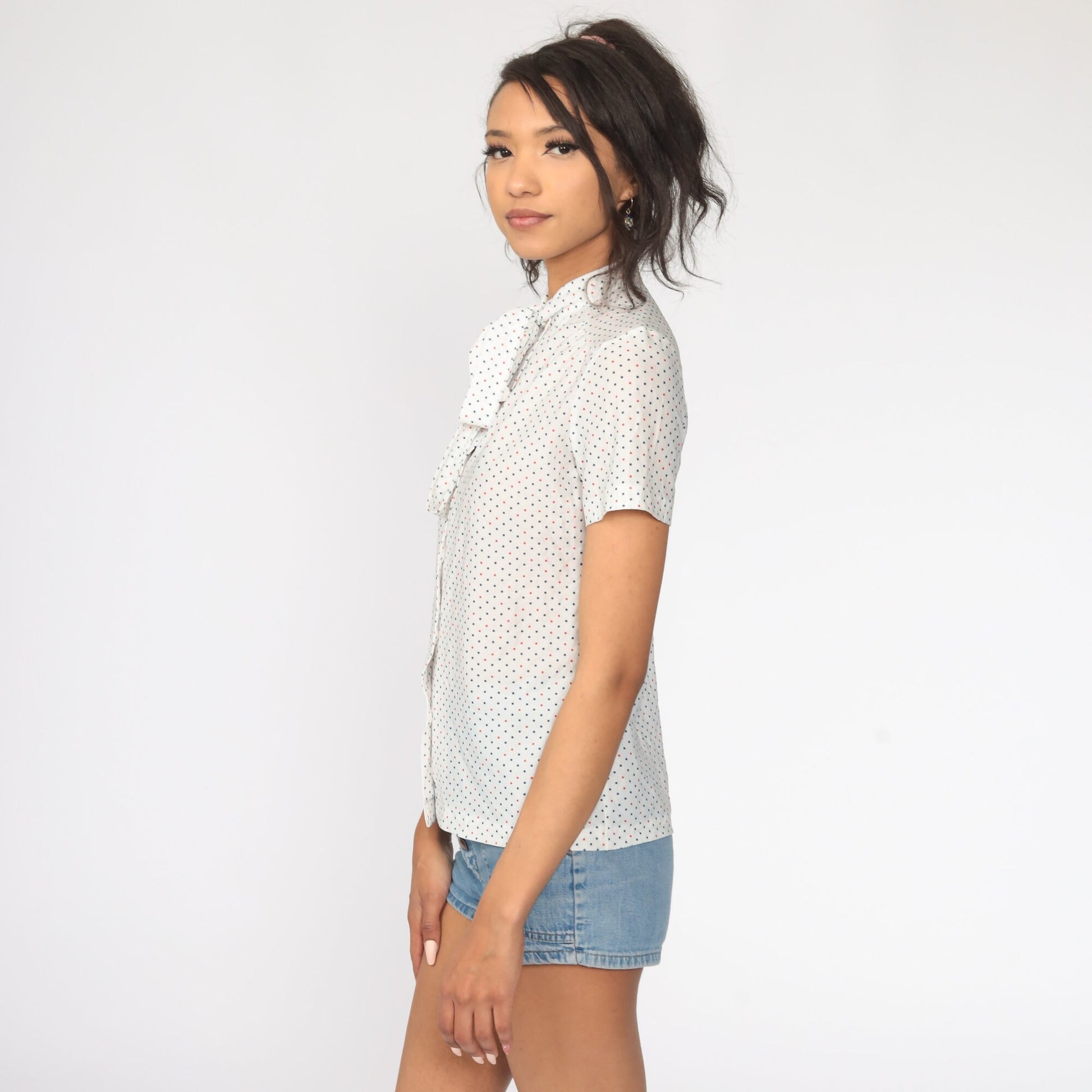70s Ascot Blouse White Polka Dot Button Up Cap Sleeve Small S