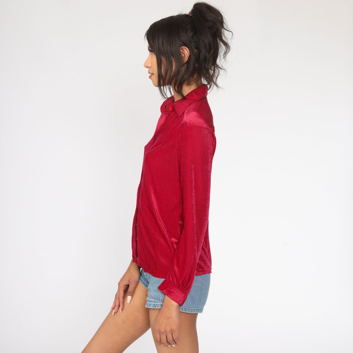 70s Velour Button-Up Shirt Raspberry Long Sleeve Small Medium