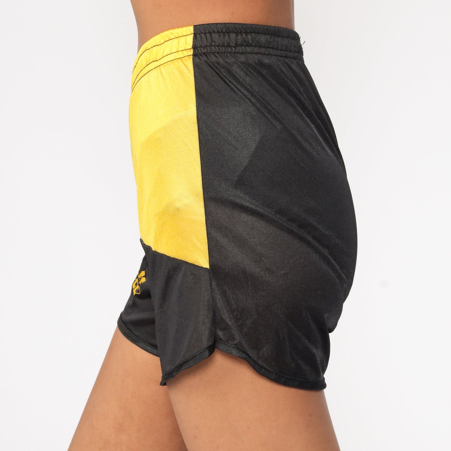 80s Black Yellow Nylon Running Shorts High Waist Color Block Extra Small