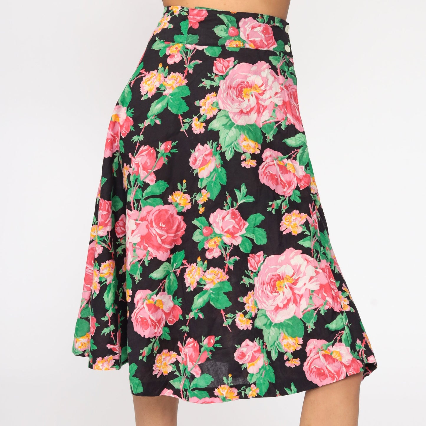 80s Floral Midi Skirt High Waisted Full Black Pink Cotton Extra Small