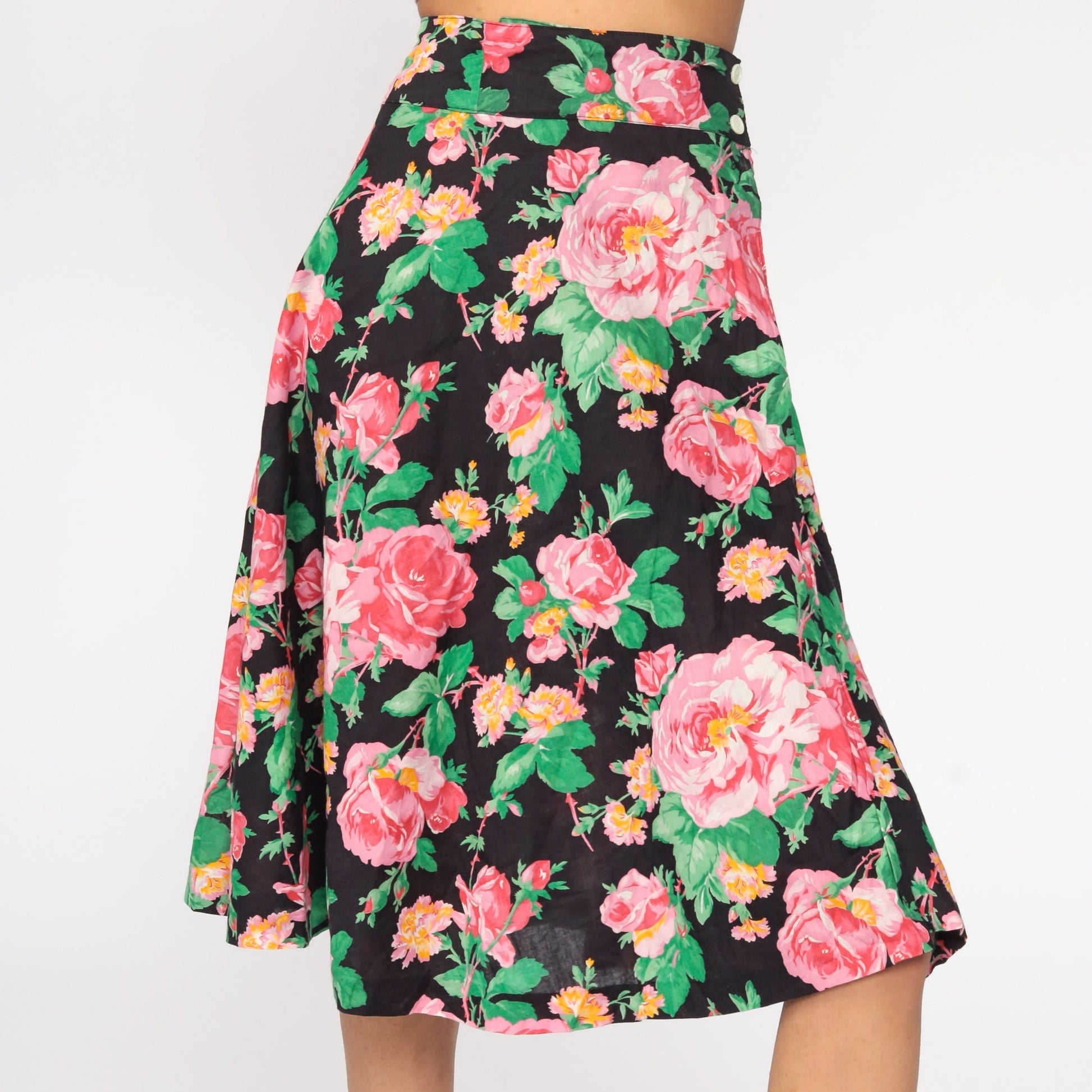80s Floral Midi Skirt High Waisted Full Black Pink Cotton Extra Small