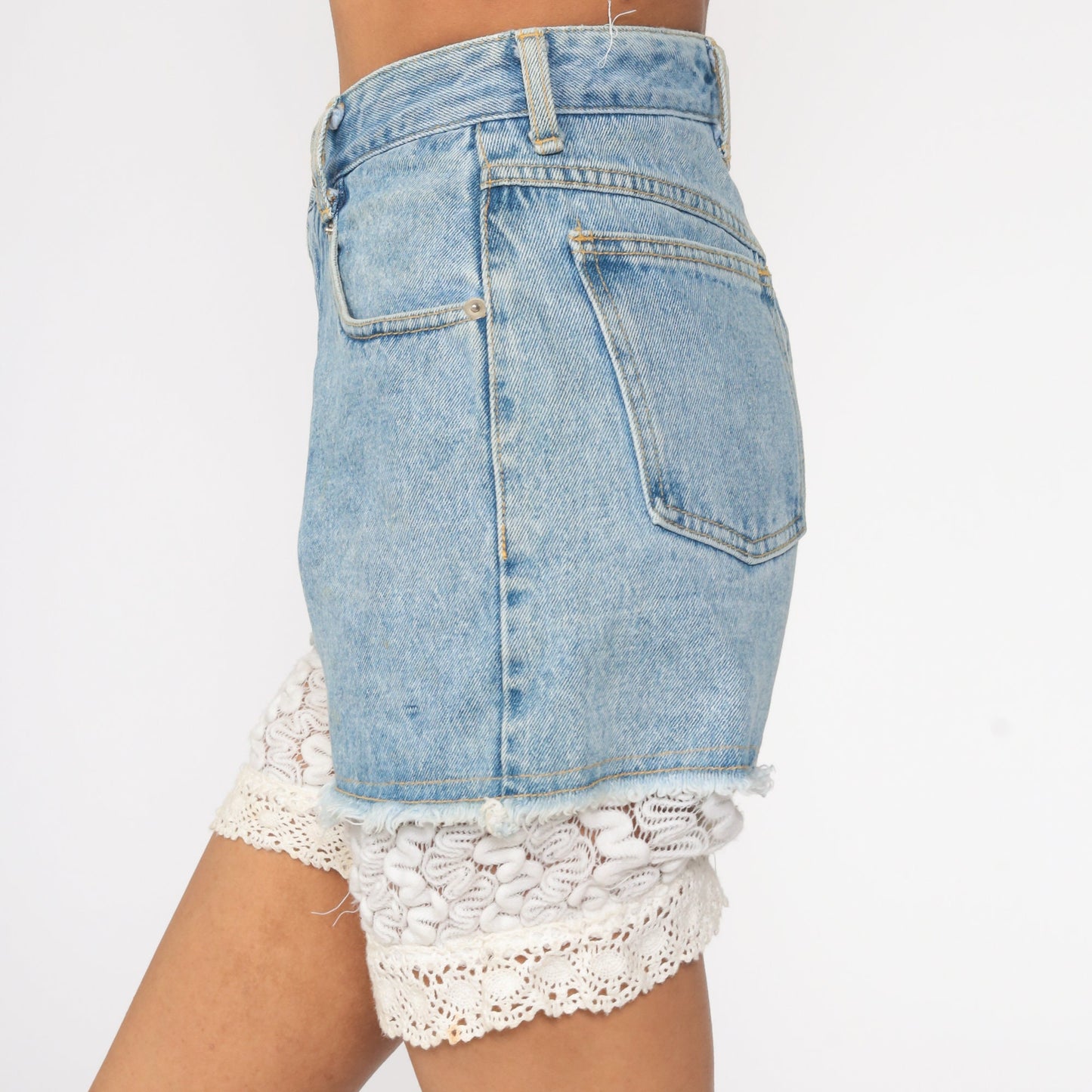 80s Lace Trim Denim Cutoff Shorts High Waist Blue Jean Shorts Extra Small