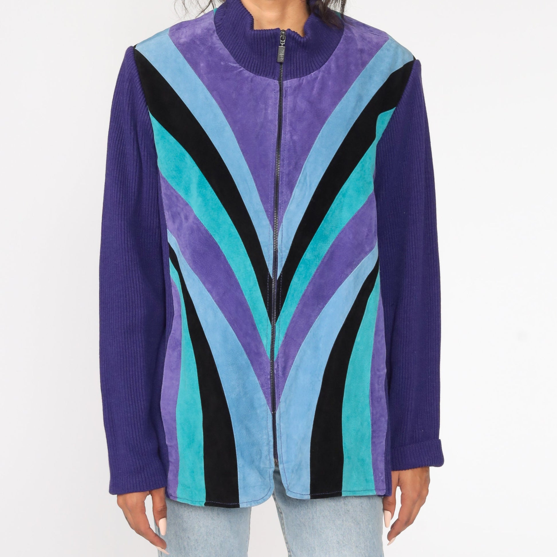 90s Purple Suede Striped Jacket Knit Sweater Jacket Extra Large XXL