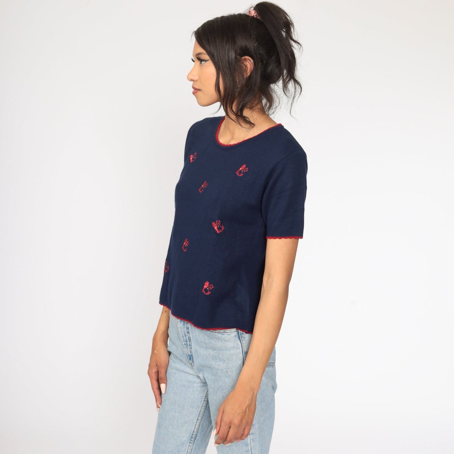 80s Navy Embroidered Cat Knit Top Short Sleeve Medium